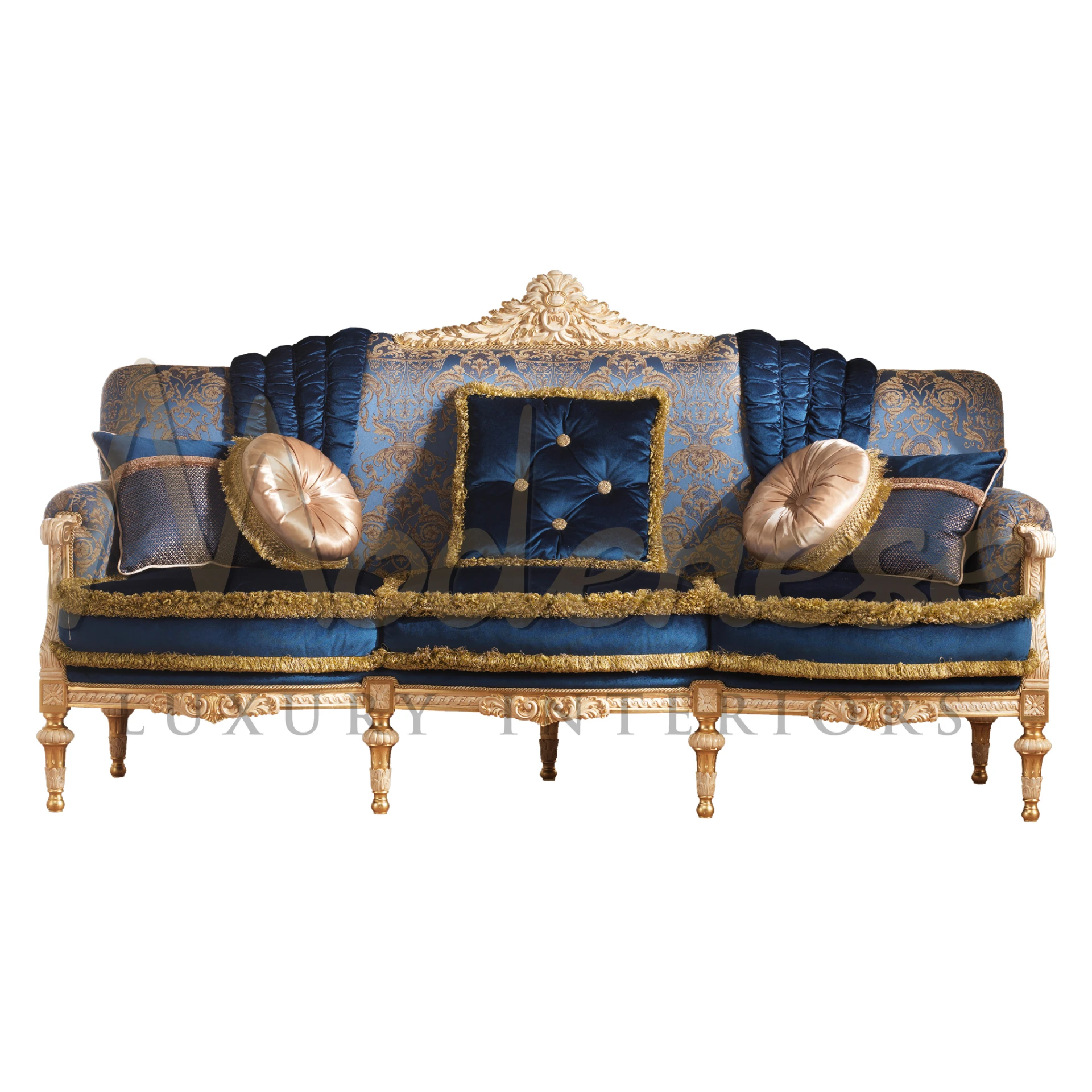 Its majestic sofa design, featuring exquisite hand-carved details and sumptuous blue upholstery, adds a touch of grandeur to any room. 