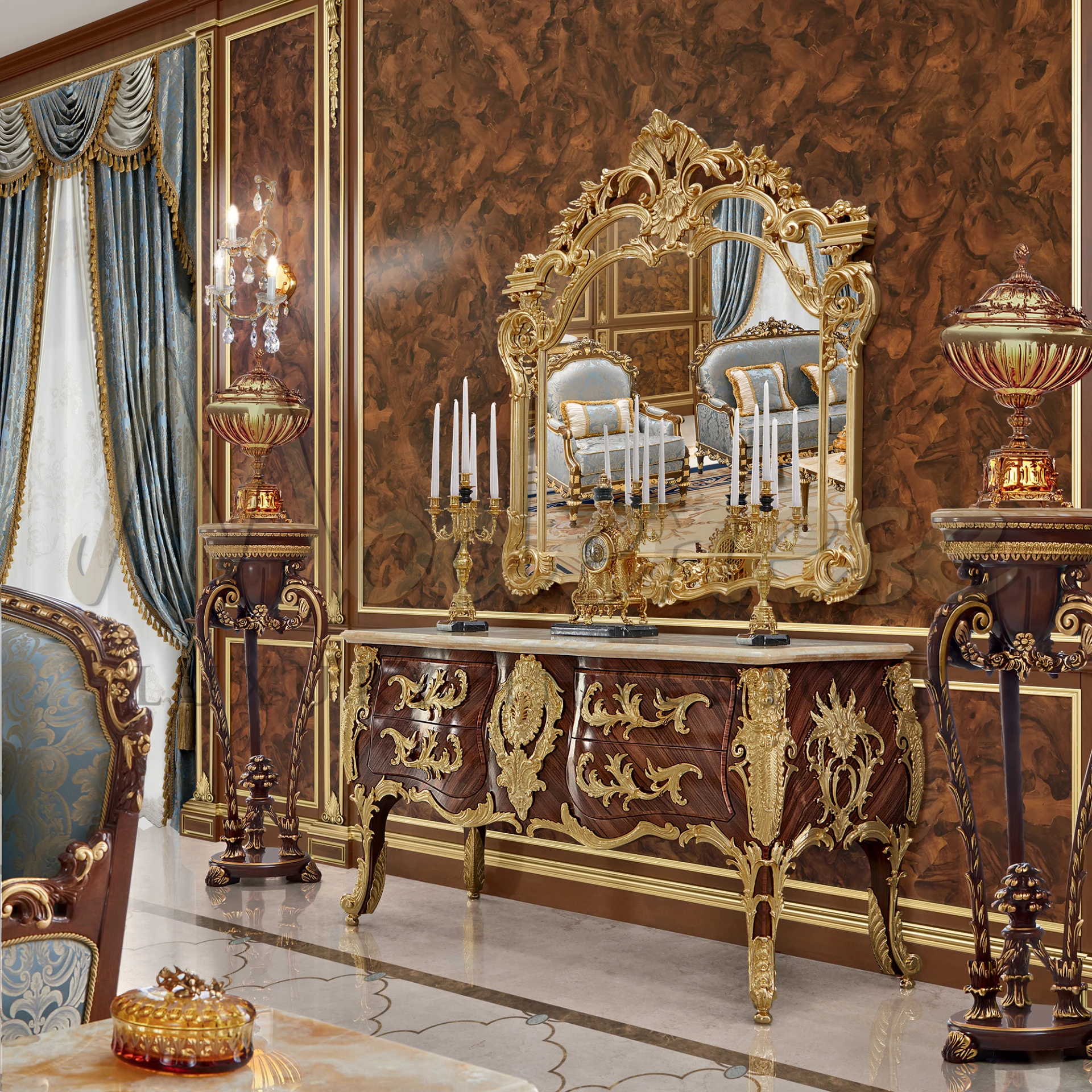 A Fancy room in the Italian Baroque style table furnished with complex golden designs and stylish decor.