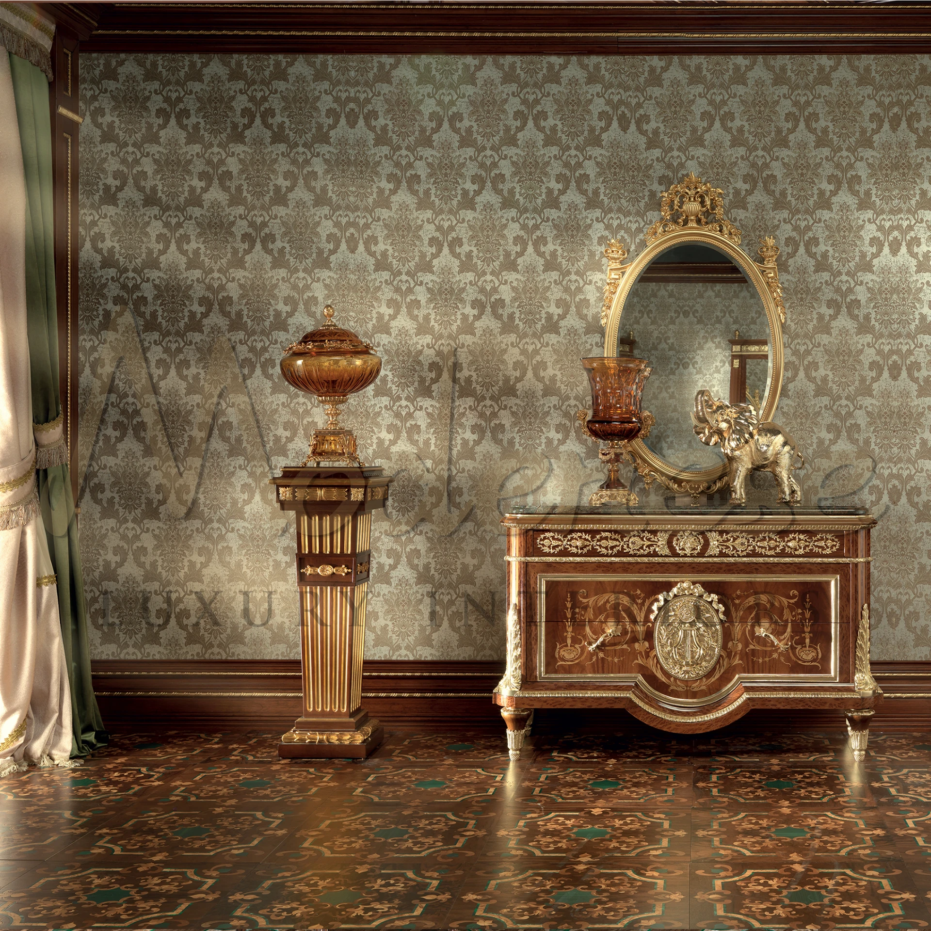 A room looks very classic and luxurious with detailed solid wood sideboard and a vase.