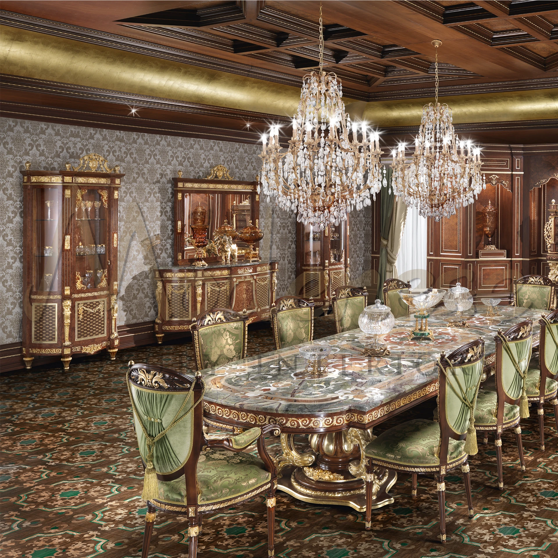 A luxurious room with sparkly ceiling chandler, fancy dining table, solid wood sideboard along the wall.