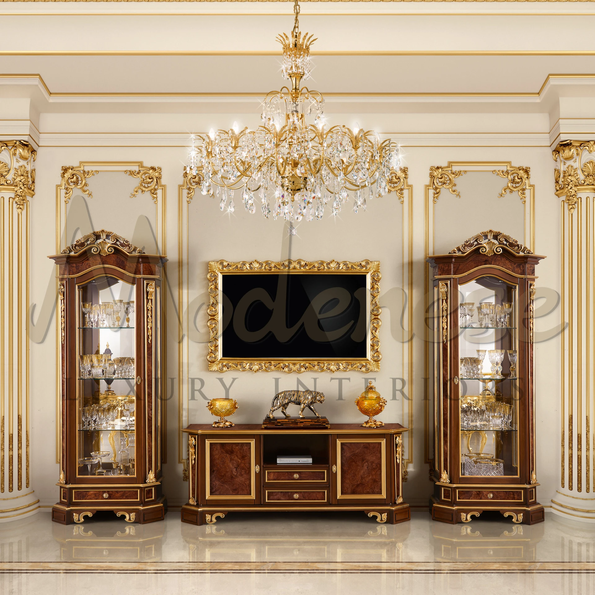 A fancy room with two tall royal style glass cabinets on each side of a wooden table