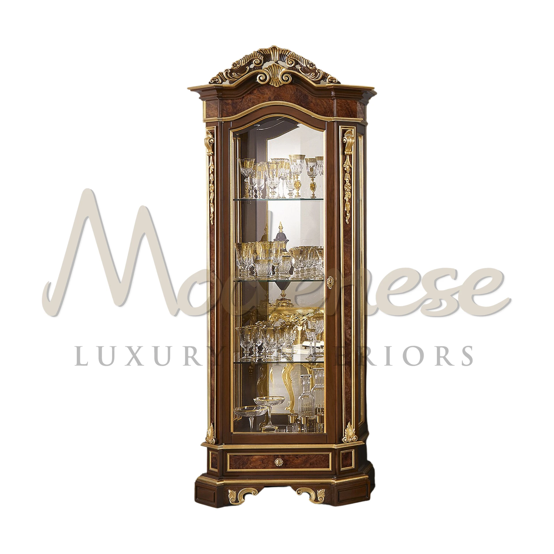 Classic wooden royal style one door glass cabinet with fancy golden decorations with glassware.