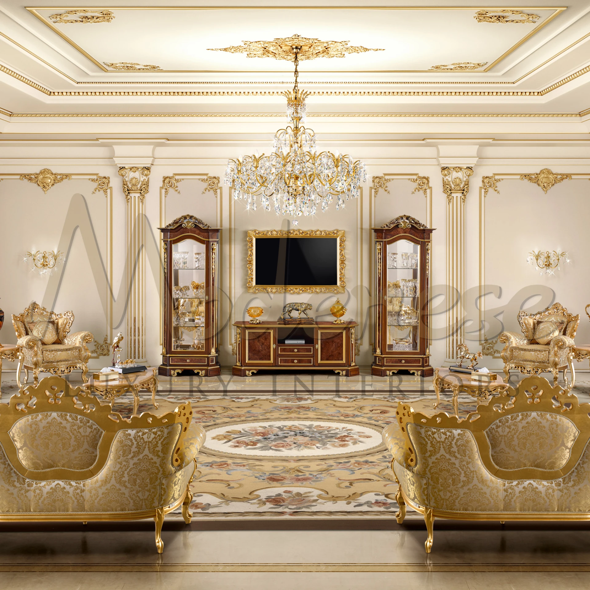 A luxurious room with shiny gold furniture, cabinets, sideboard and a big fancy light.