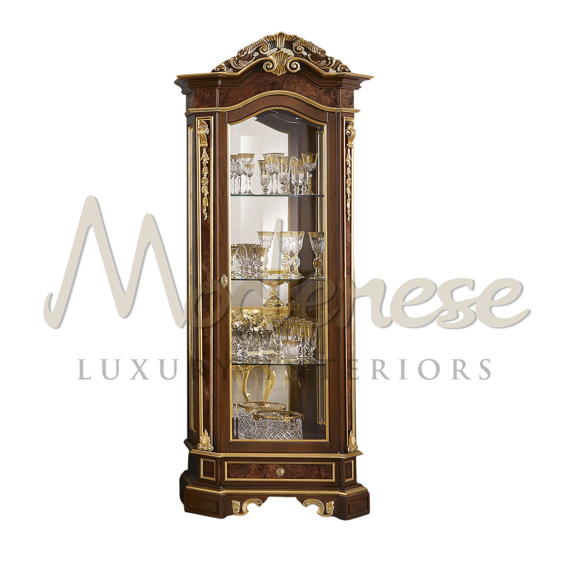 A classic-looking baroque design one door cabinet with one glass door and golden touches