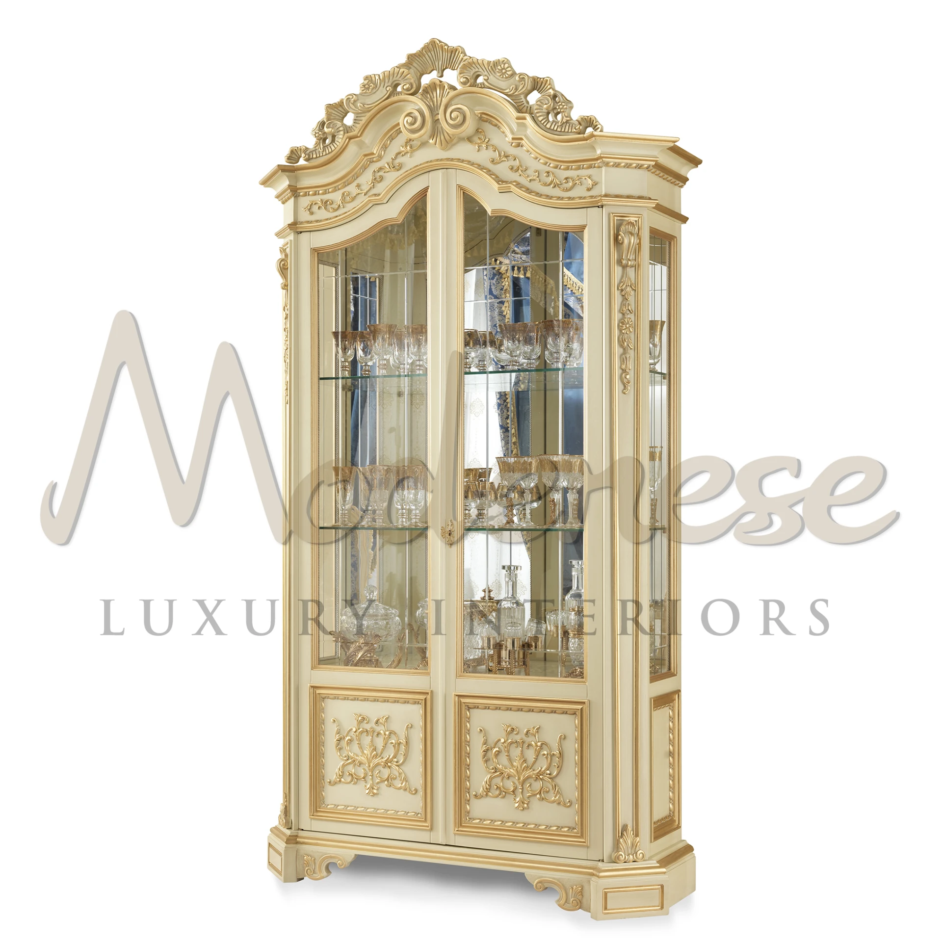 Luxury ivory two doors cabinet with complex golden carvings