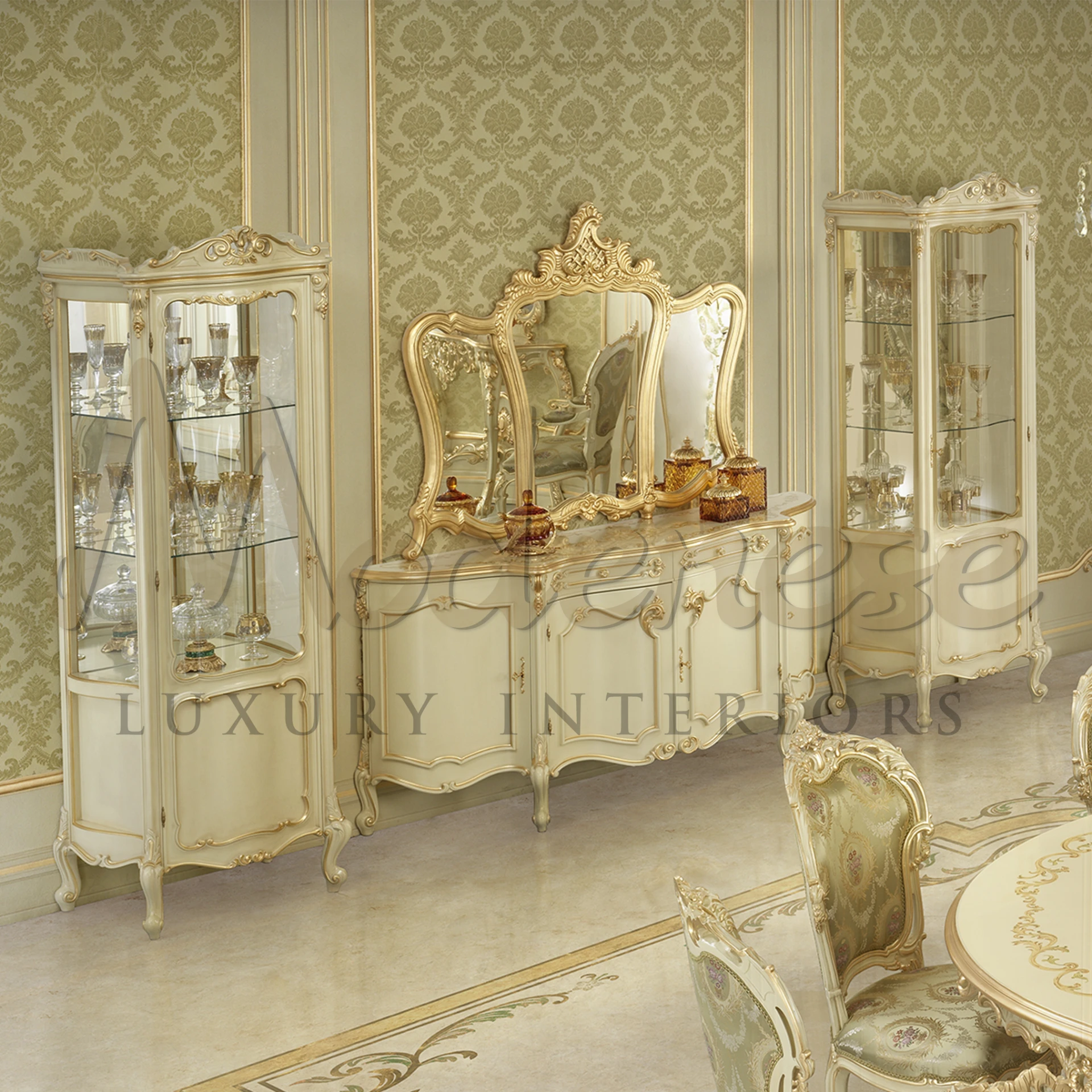 Luxury dressing room decorative mirror and two tall, glass-door cabinets filled with glassware.