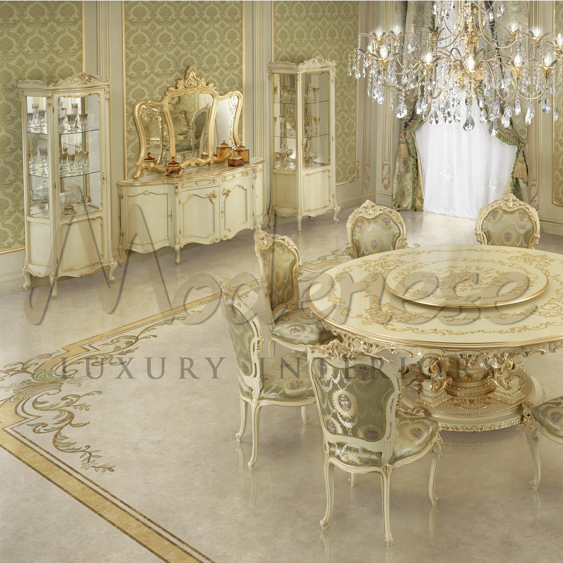 A grand dining room with a large fancy gold and cream table, luxurious chairs, and a crystal chandelier