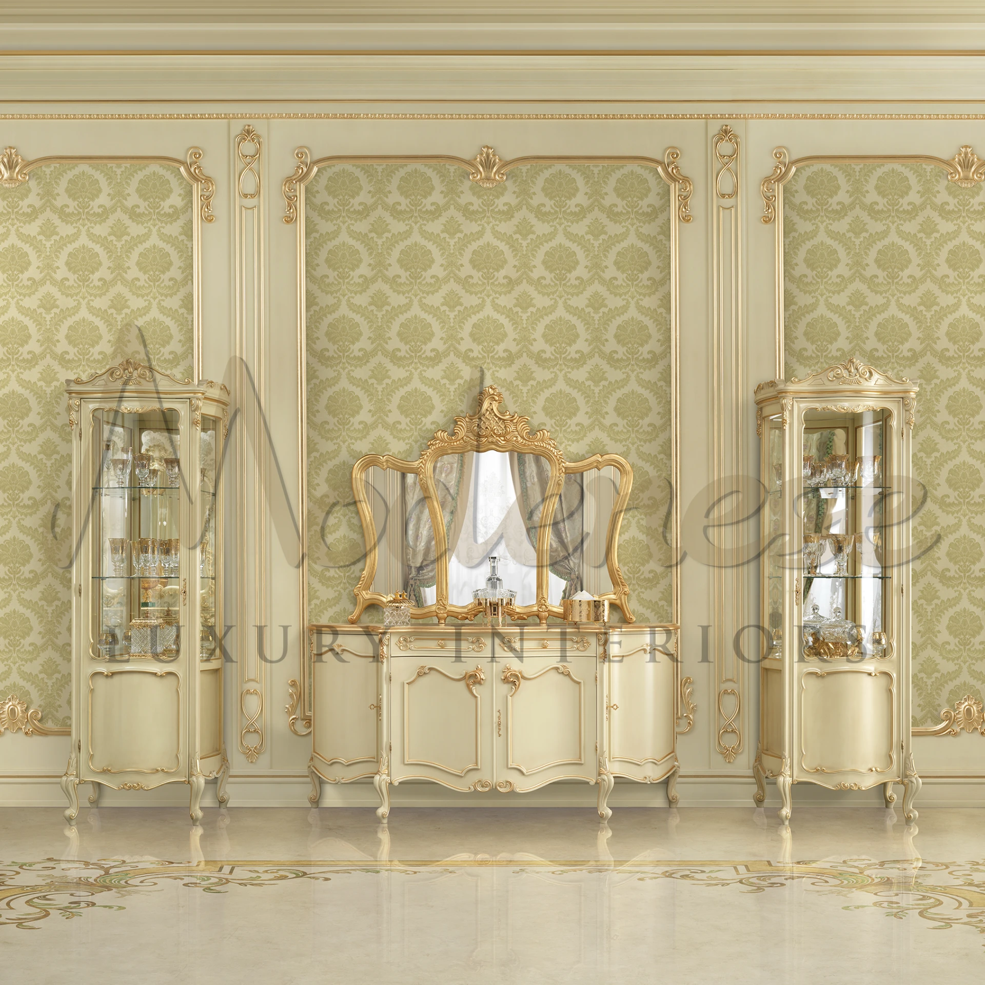 A luxurious dressing area with stylish cabinets, a three-panel mirror, and golden decorative objects