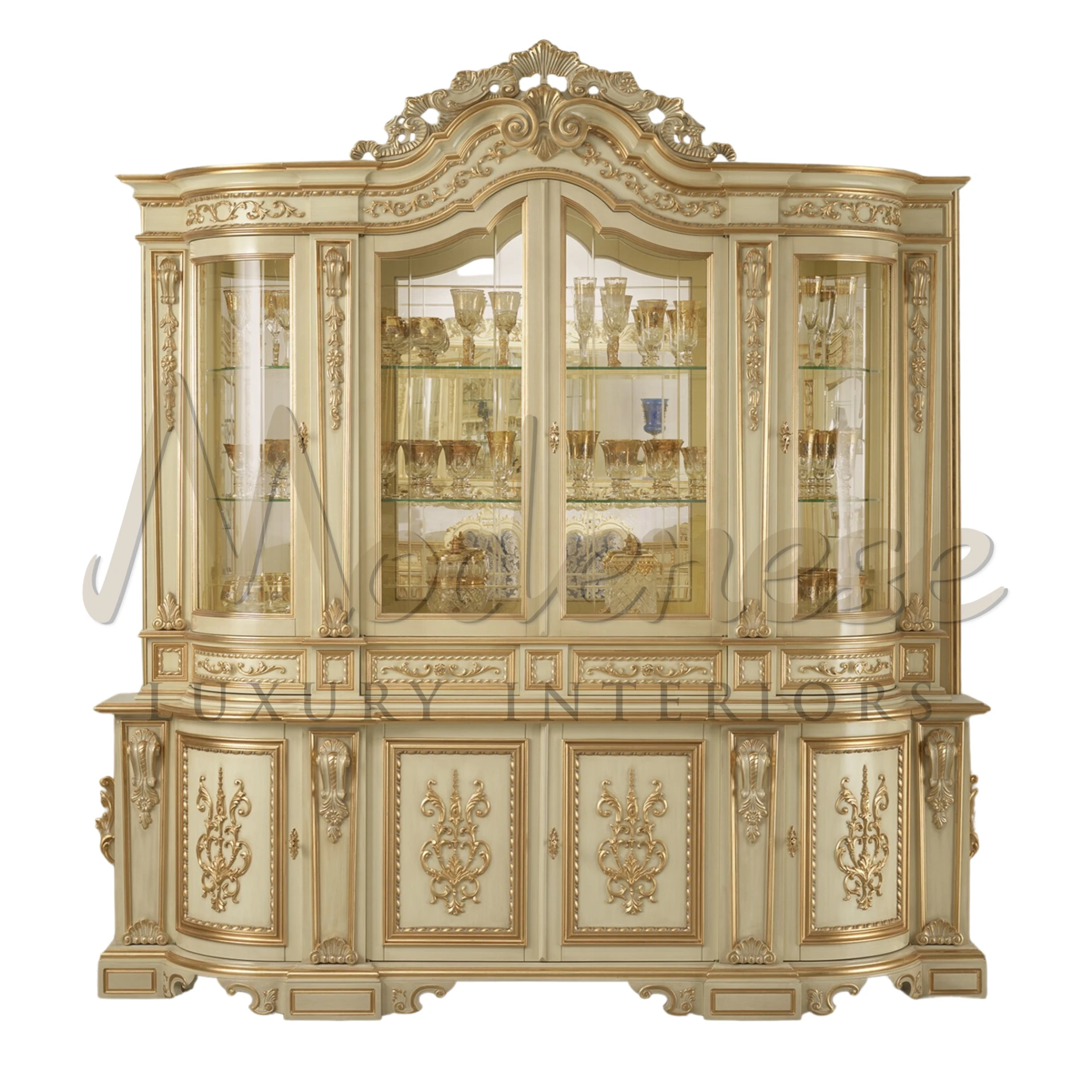 Italian Designed luxury ivory cabinet with detailed gold trim and crest