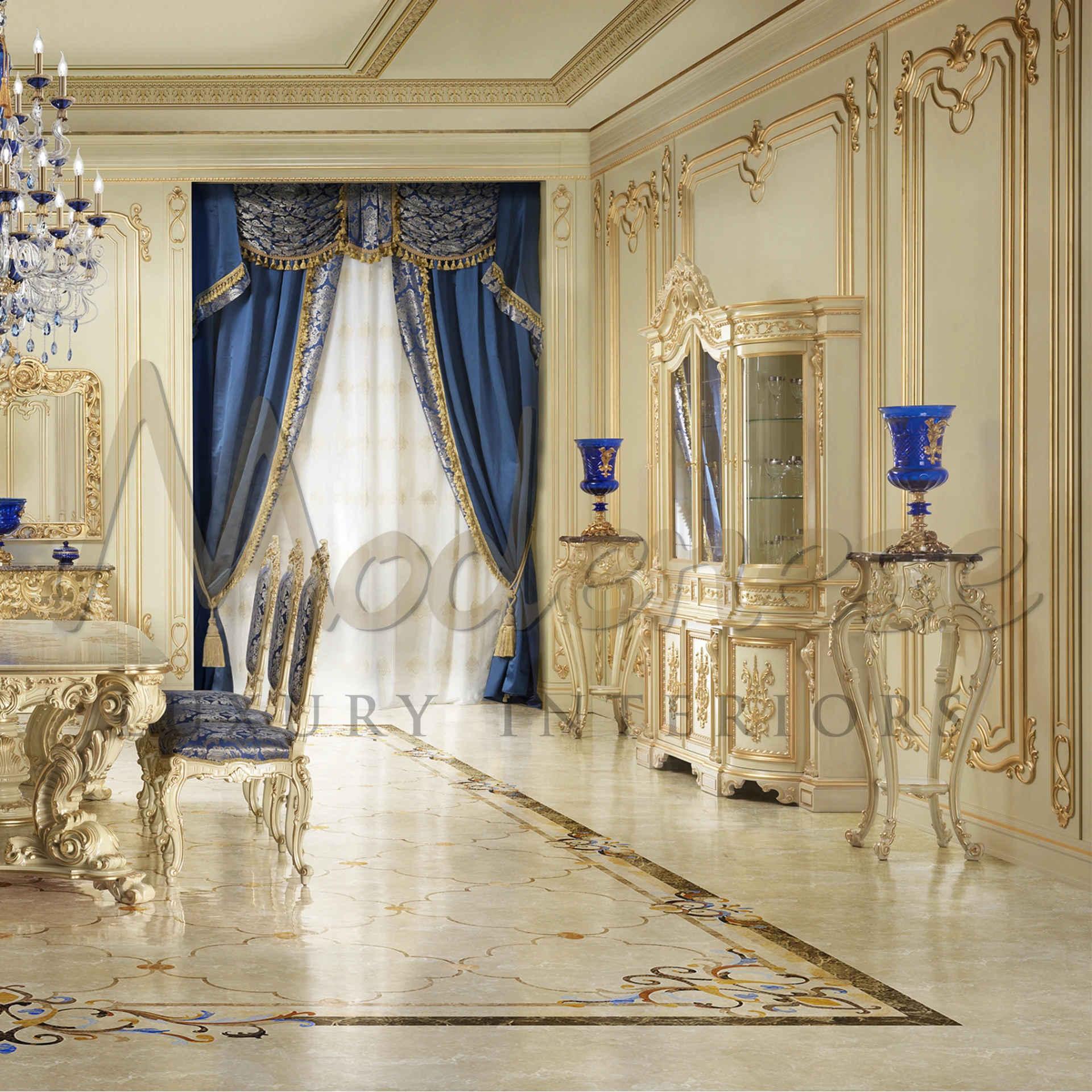 Luxurious living space featuring a decorative cabinet, stylish chairs, and blue and white curtains