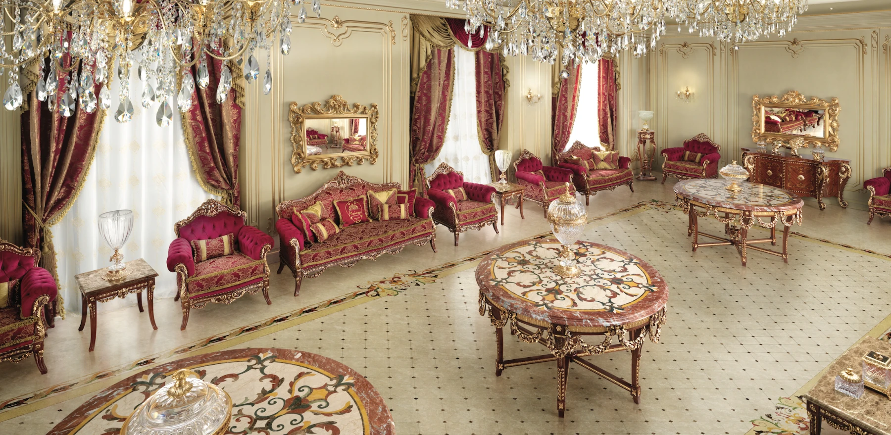 Elegant bespoke classic carved wood furniture with red fabric and inlaid marble tables