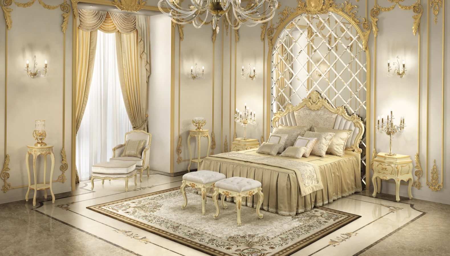 Ivory finishing with gold leaf details bedroom set in classical style handmade in Italy
