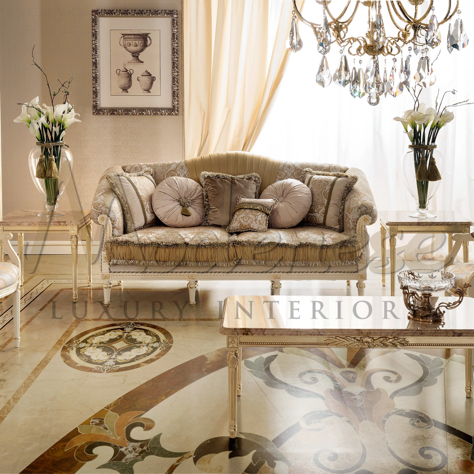 Indulge in the timeless elegance of Versailles with our Versailles Style Upholstered Sofa. 