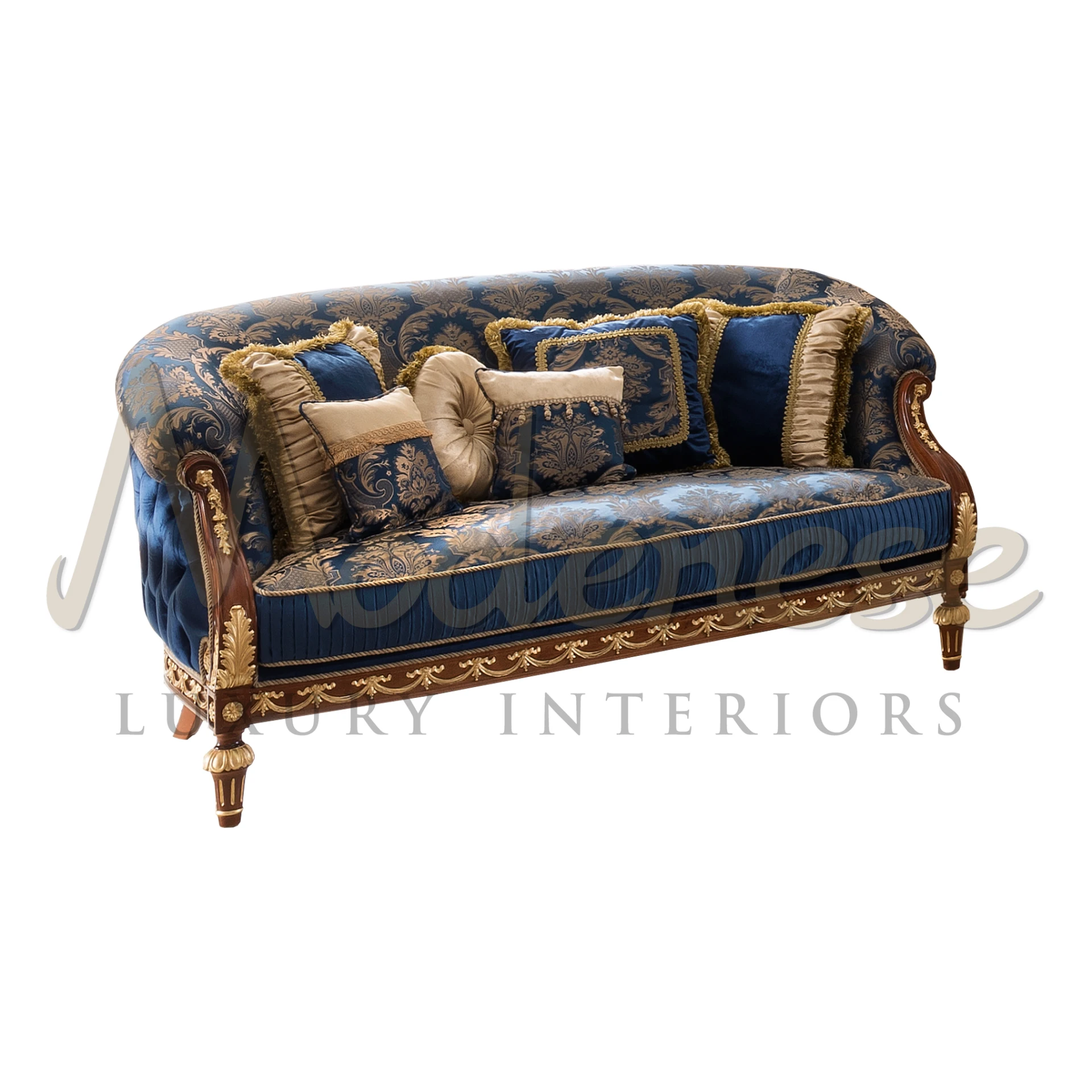 Elegant Blue Gold Sofa: Luxurious Comfort & Sophisticated Style
