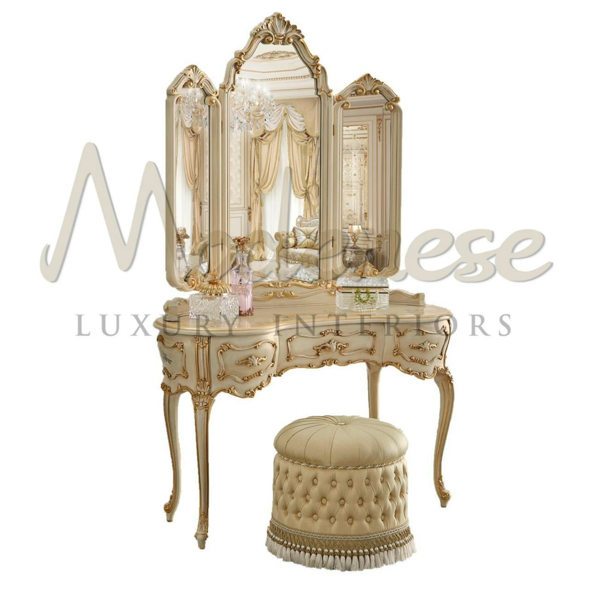 Elegantly crafted, our bean-shaped Victorian-style dressing table brings timeless charm to your space, with intricate detailing and ample storage.