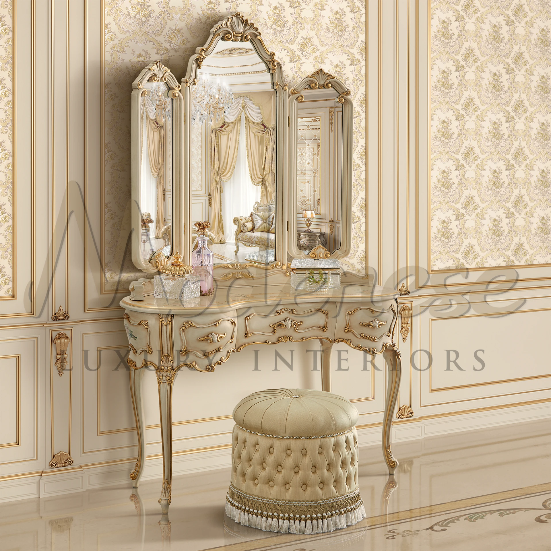 Embrace vintage opulence with our bean-shaped Victorian dressing table, featuring ornate carvings and a luxurious finish for a touch of grandeur.