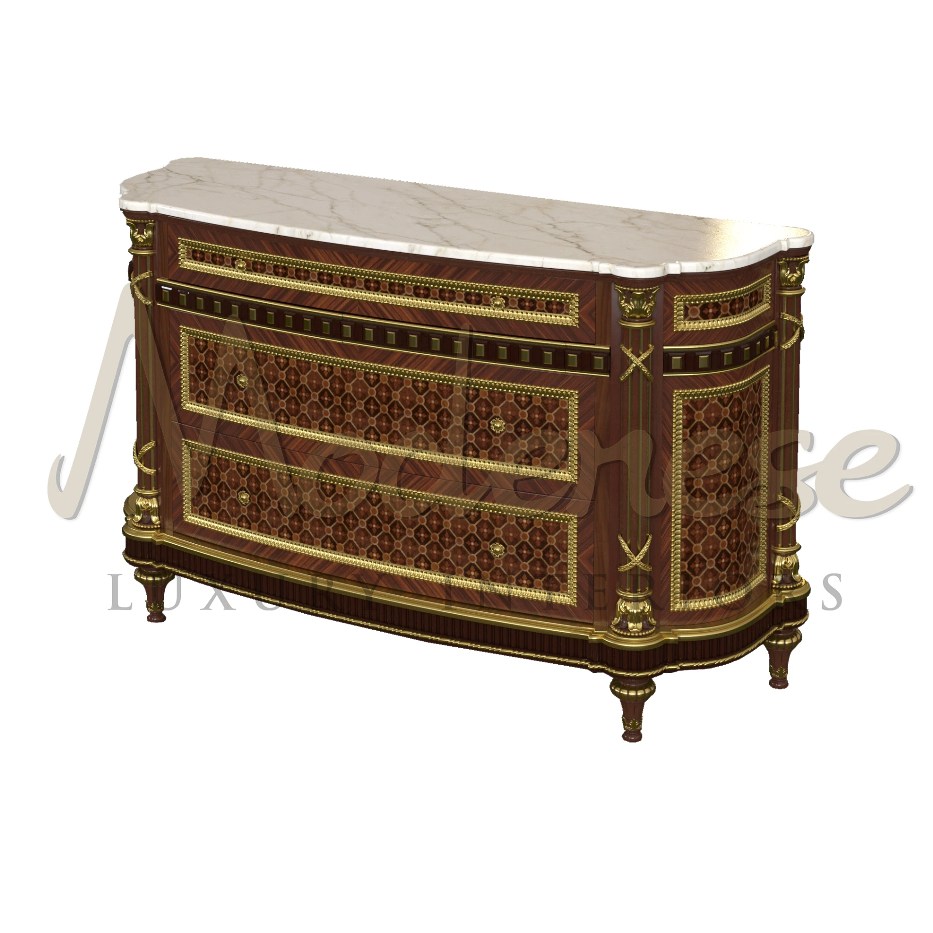 Elegant French marquetry chest of drawers exuding timeless charm, crafted with intricate wood inlay designs. A fusion of sophistication and functionality for any interior.