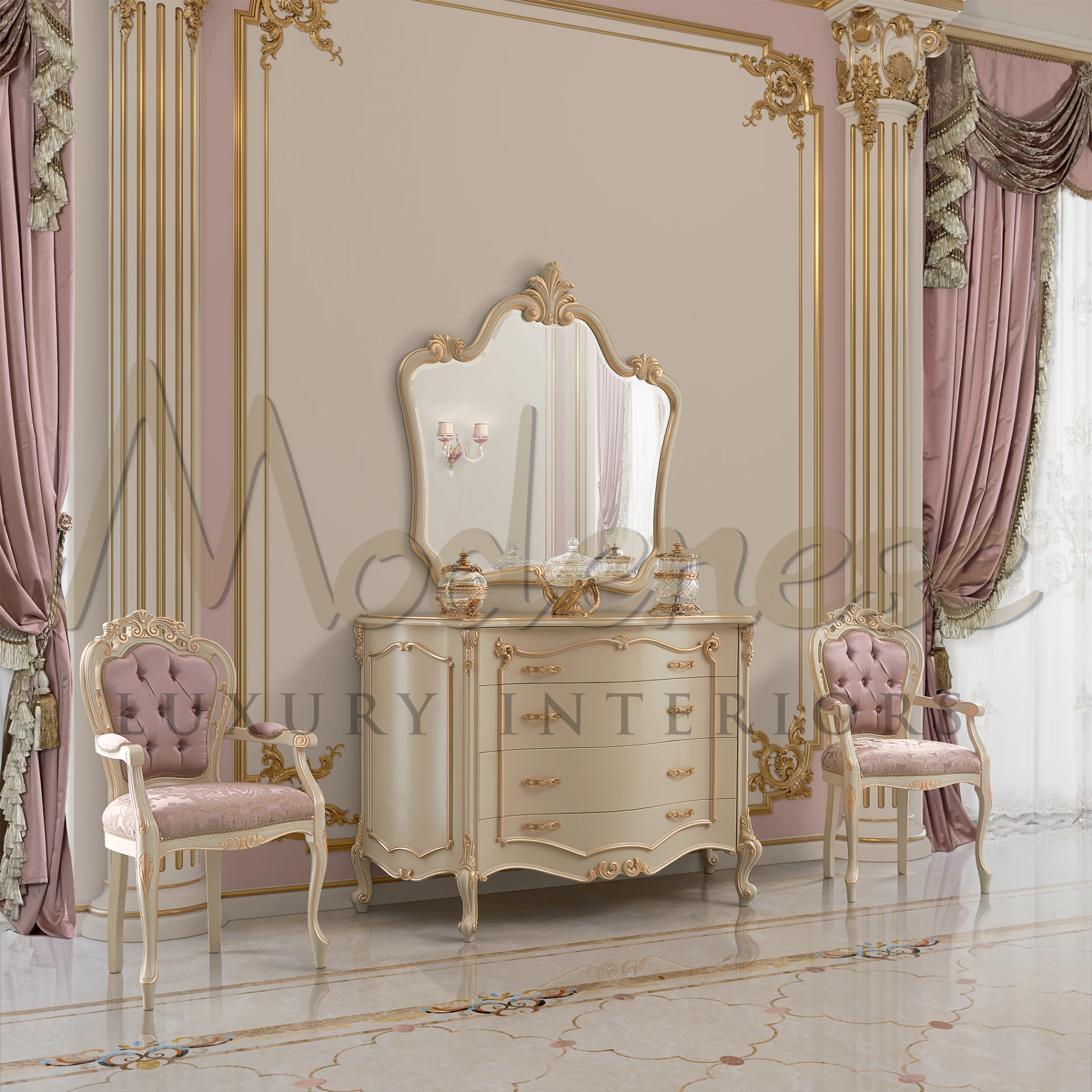 Luxury classic chest of drawers for princess bedroom in ivory finishing and gold leaf detaila