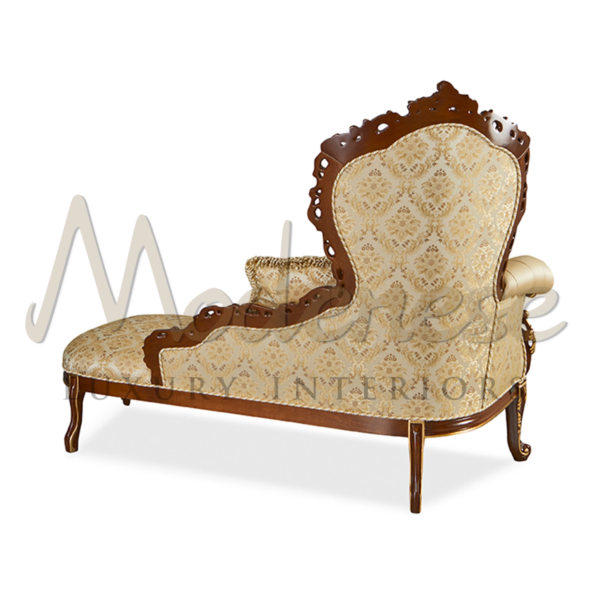 The image shows the back of the beautiful chaise lounge in wooden structure, gold leaf decor and beige floral fabric