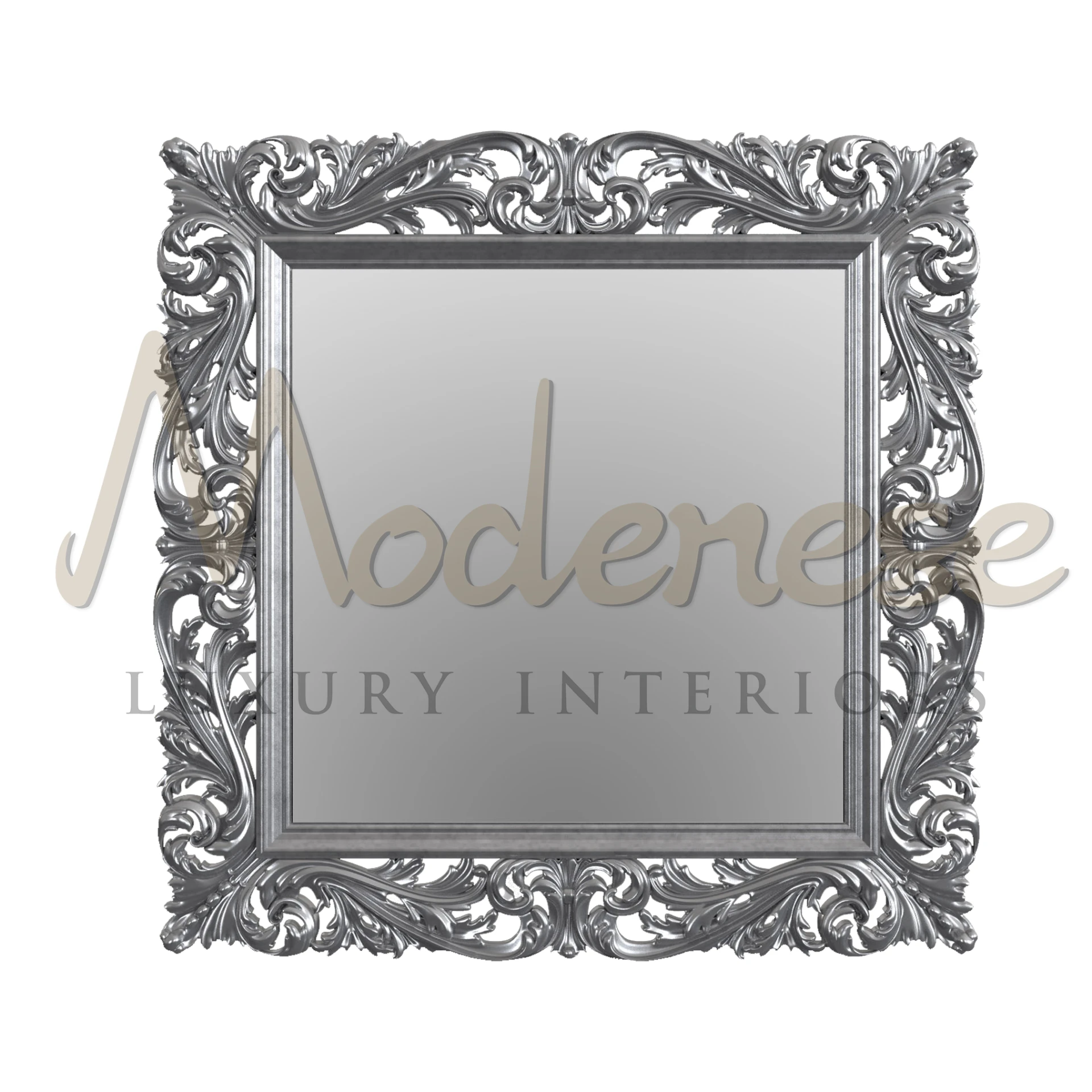Silver Leaf Figured Mirror, a Modenese luxury, blends bespoke design with a stylish silver finish, perfect for elegant interior design.