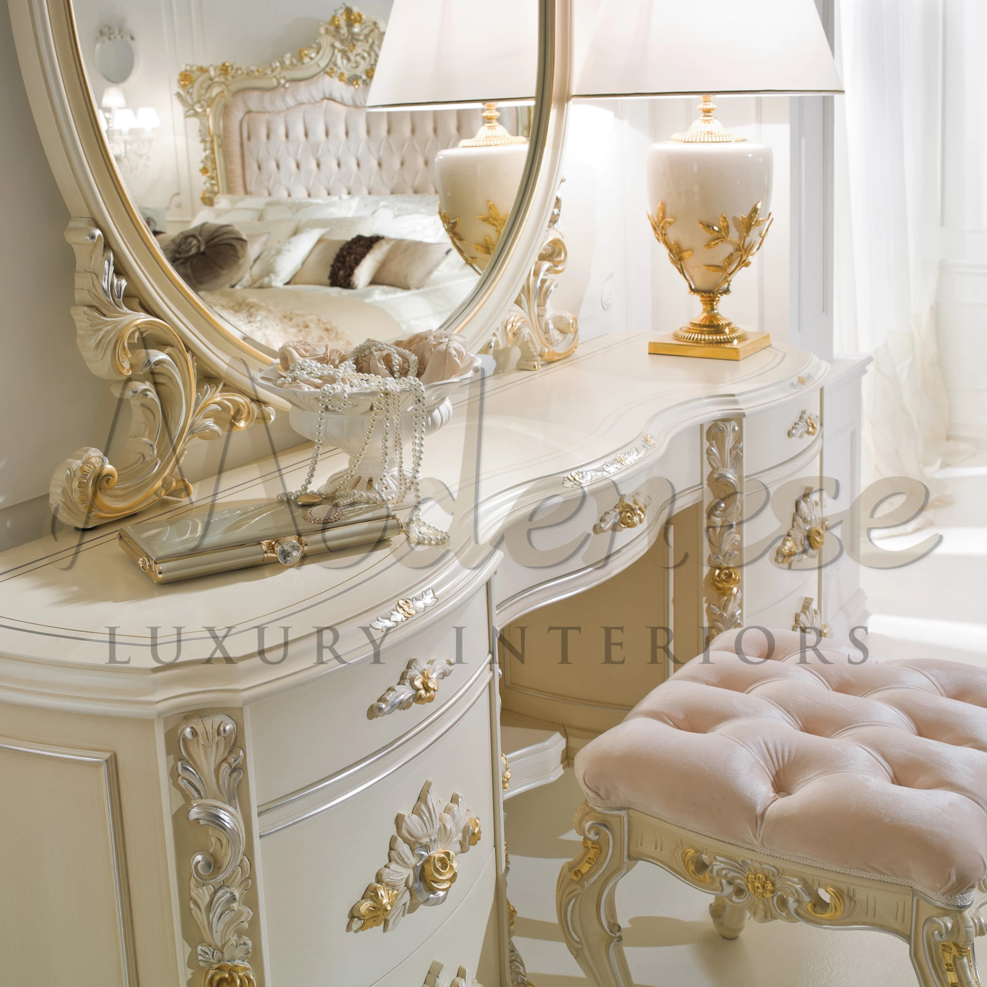 Add a classic vibe with the Ivory Figured Mirror, featuring customised baroque details, handmade for your home decor.