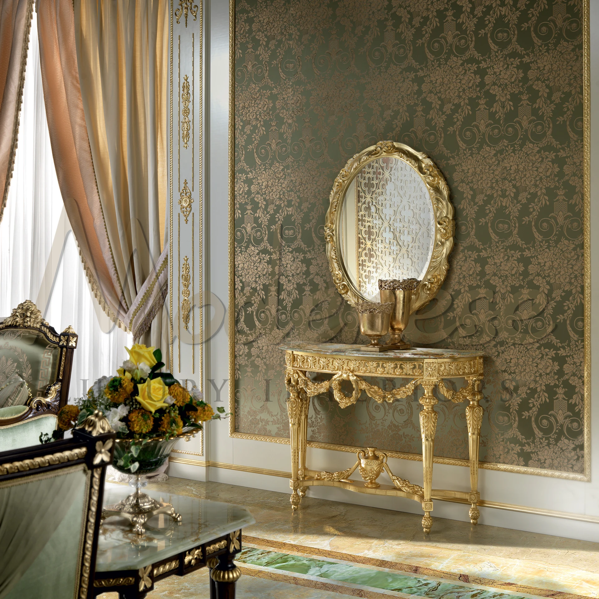 Luxurious Oval Gold Leaf Mirror, a masterpiece of classic mirror design, bringing a timeless appeal to any living space.