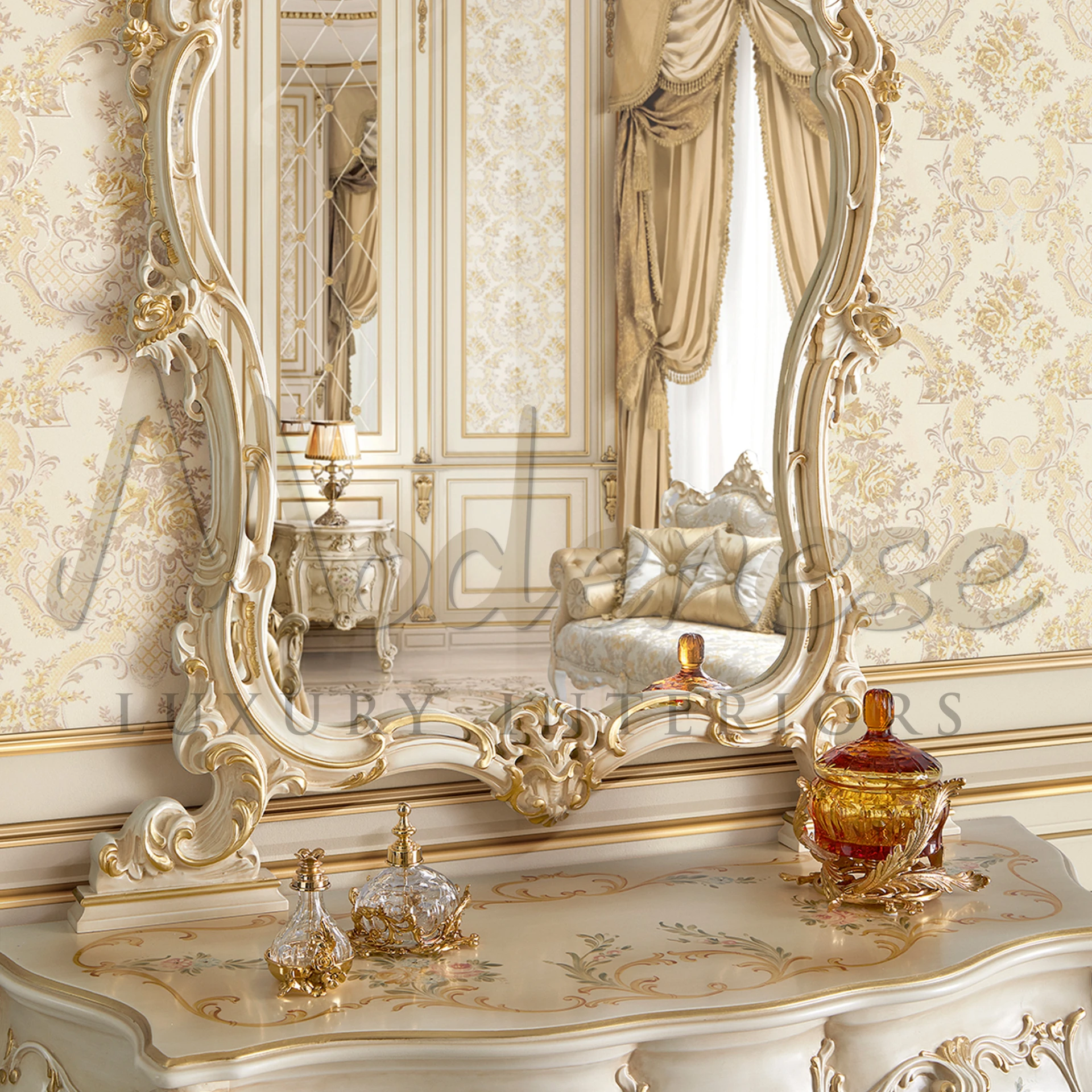 Traditional design Framed Wall-Mounted Mirror, a statement piece for luxury interior spaces, reflecting baroque and classic elegance.