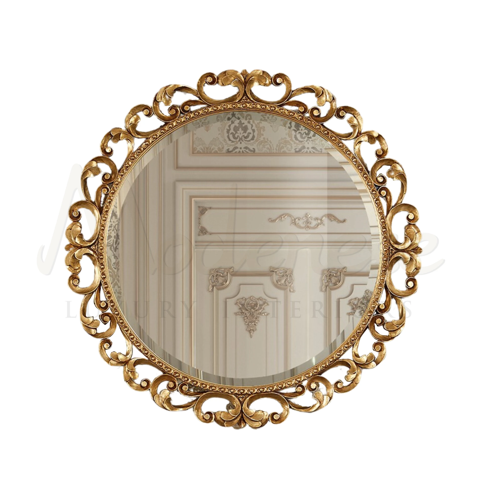 Round Gold Leaf Mirror, showcasing dedicated craftsmanship and baroque style, elevates luxury mirror design in home decor.