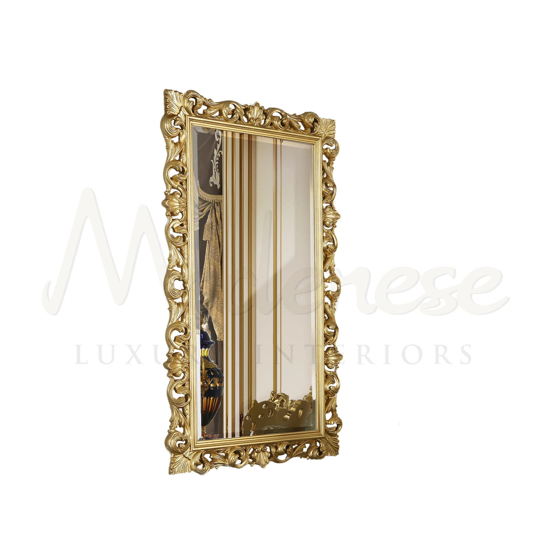 Classic Noble Figured Mirror, a custom-made square piece with gold leaf framing, offers timeless elegance for luxury interior design.