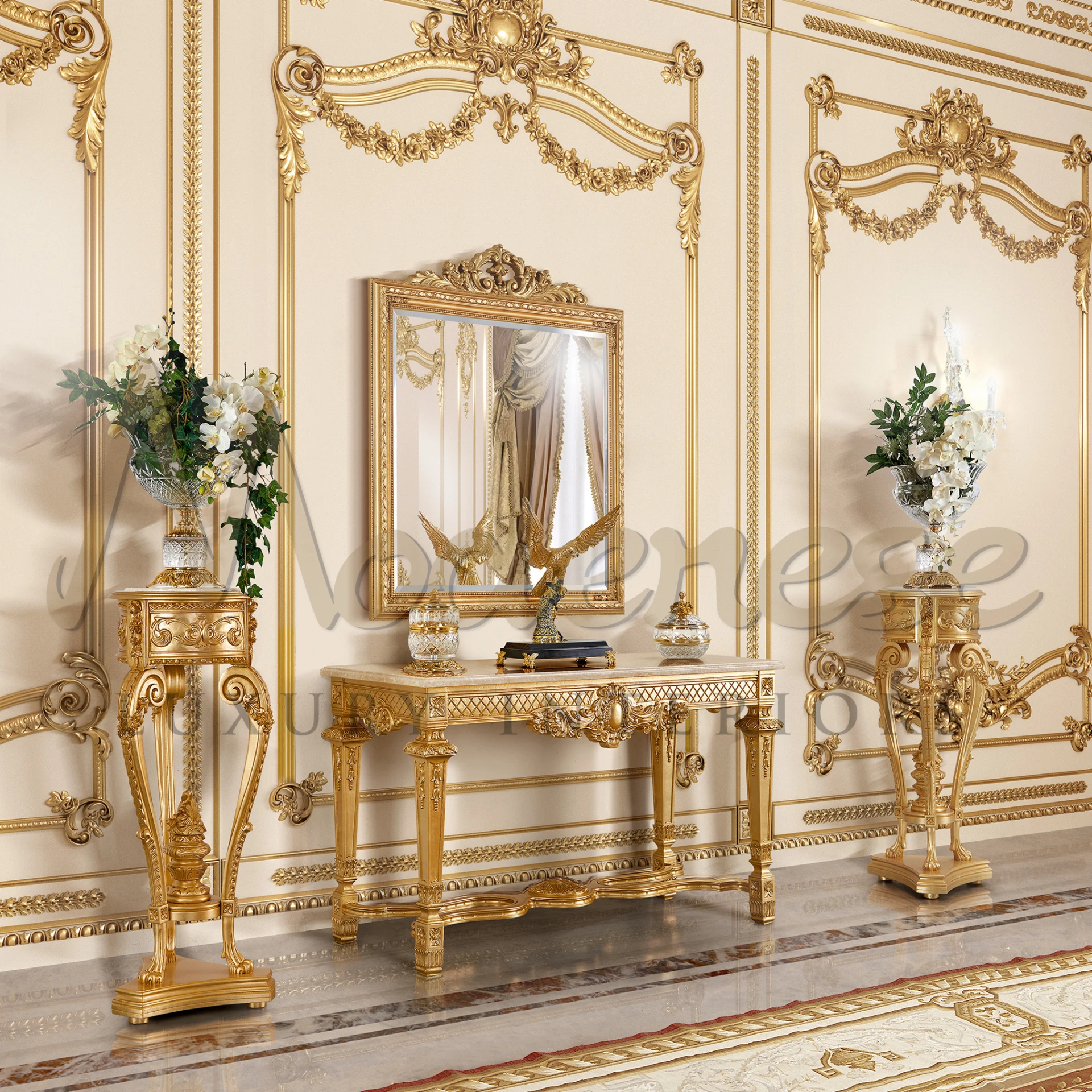 Elegant and handmade in Italy, the Noble Gold Leaf Mirror features a square frame with an antique finish, perfect for classic home decor.