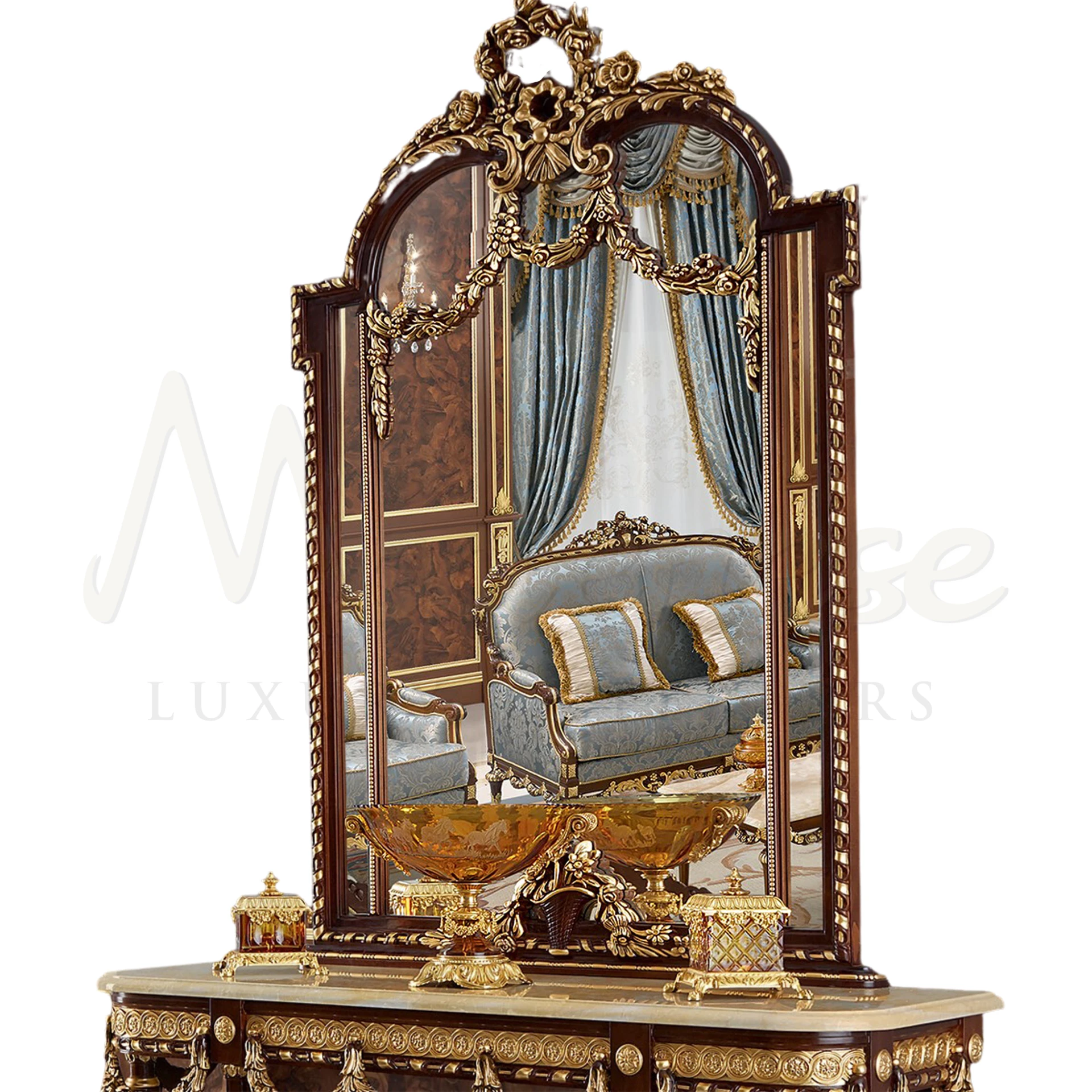 Modenese Classic Style Luxury Mirror with gold leaf accents, bringing Italian elegance to luxury interior design.