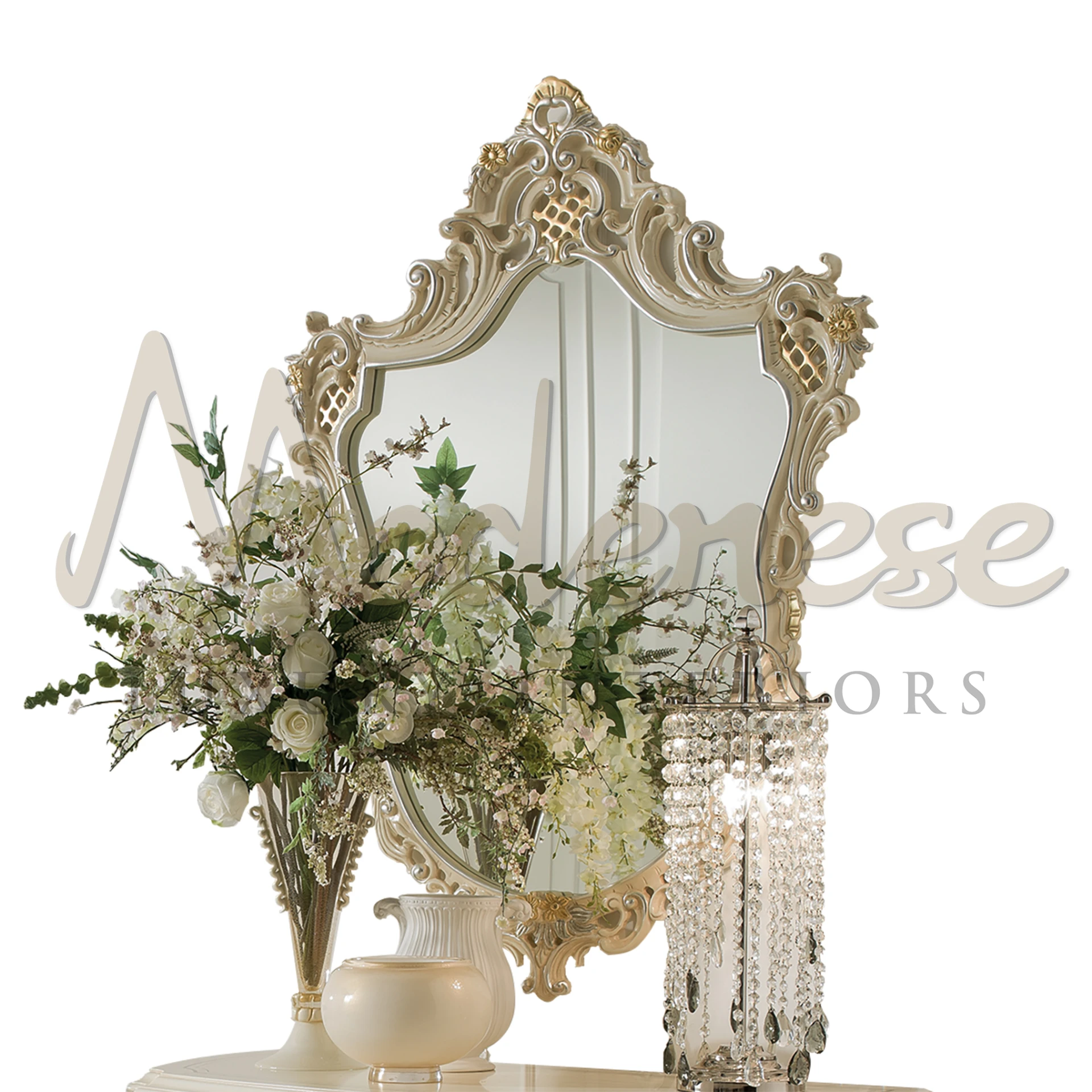 Hand Carved Wall Mirror, a masterpiece of classic design, painted and polished for luxury interior elegance.