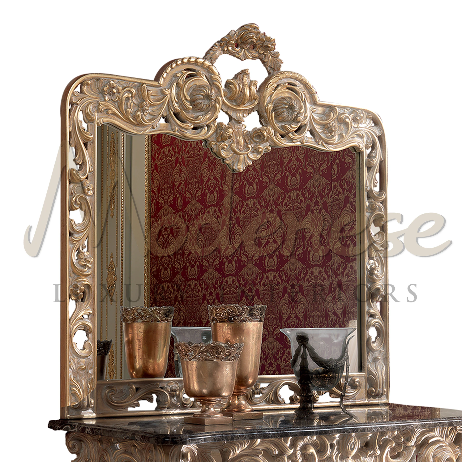 Stunning Ornate Mirror, featuring intricate baroque embellishments, adds timeless elegance to luxury interior design.