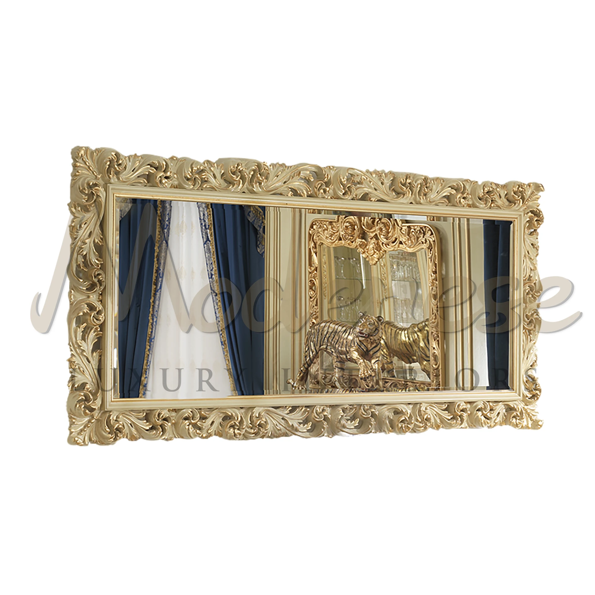 Luxurious Gilded Italian Mirror, hand-made with classic baroque embellishments, enhancing interior design.