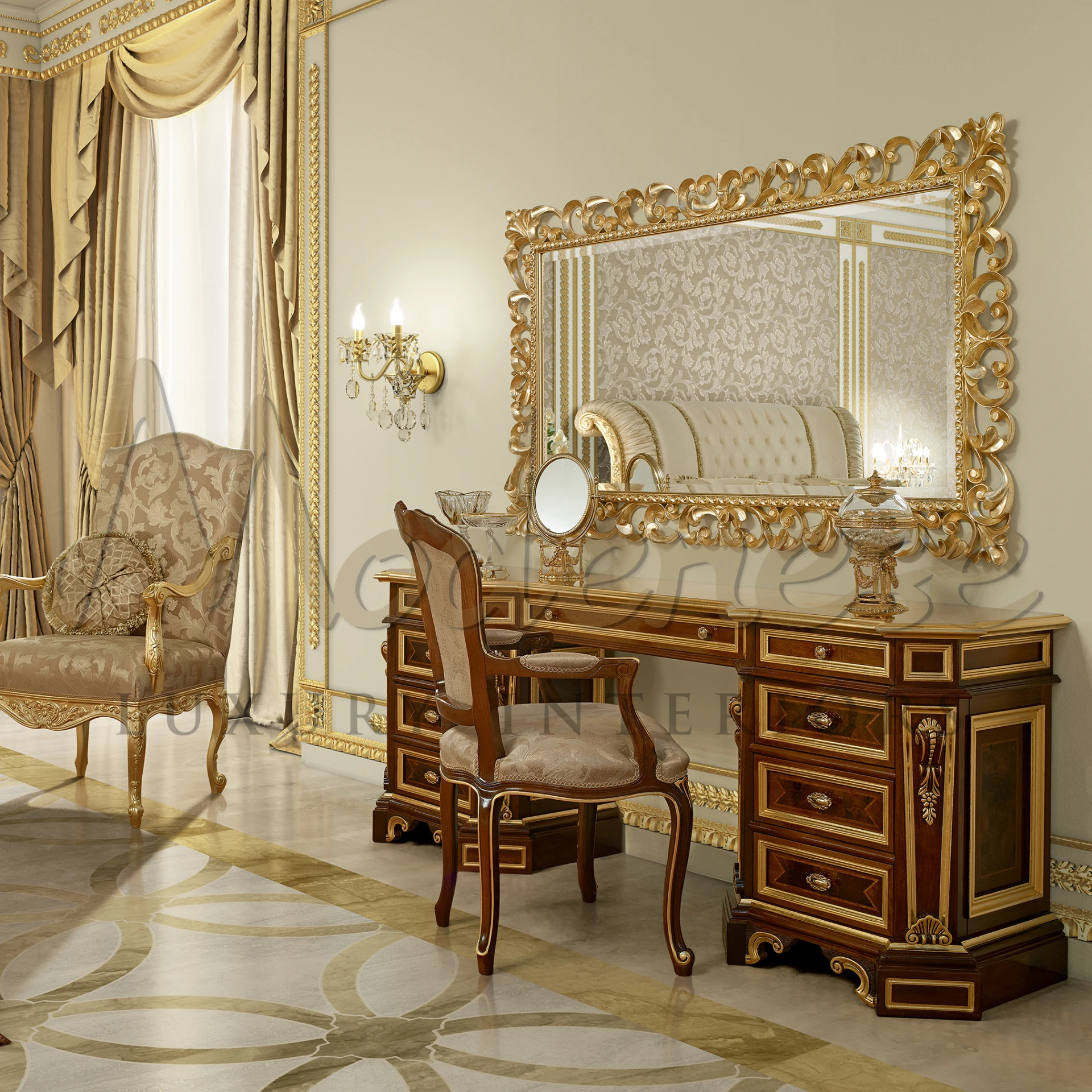 Charming Gold Mirror, intricately carved by artisans, embodies luxury and elegance for refined home interiors.