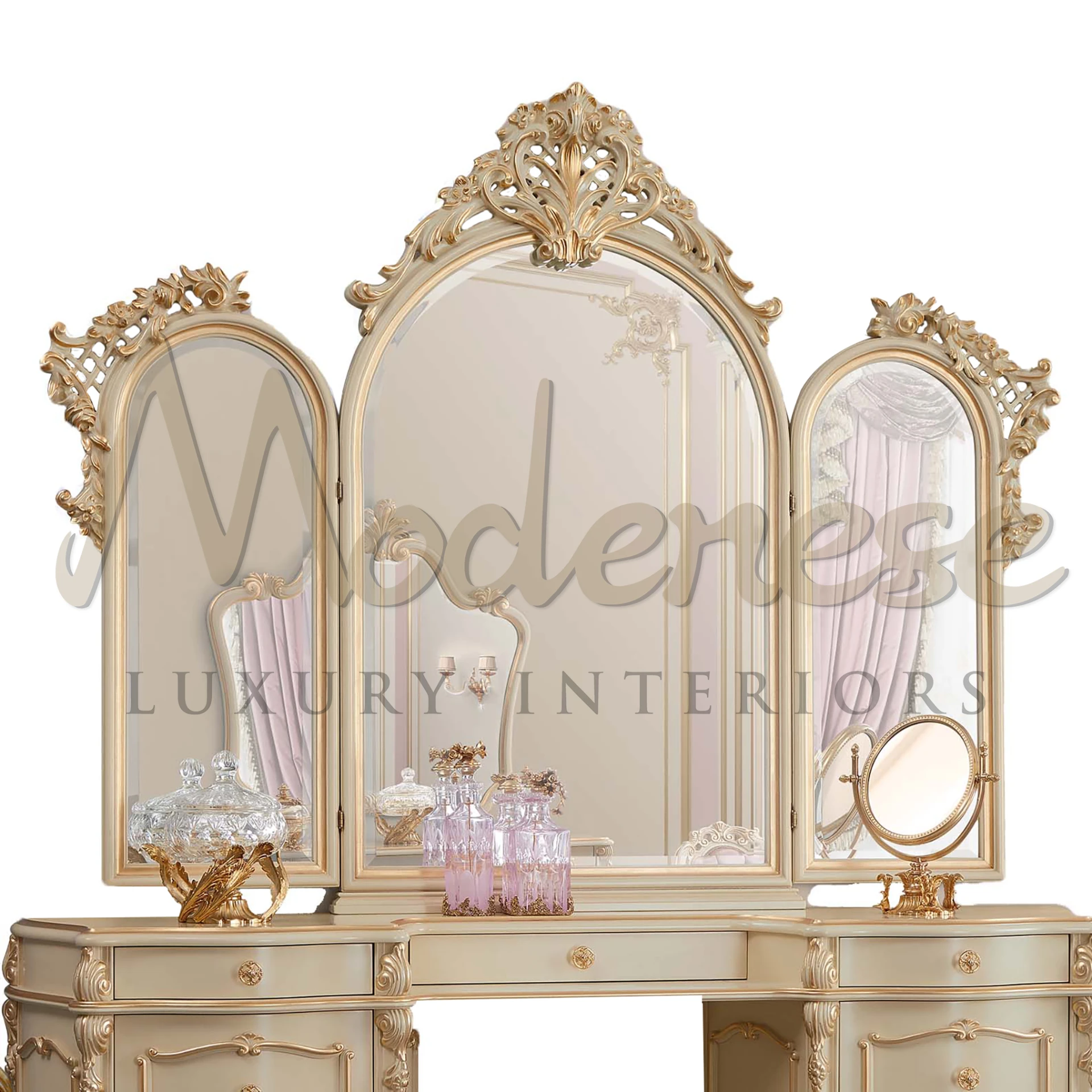 Stylish Ornate Gold Wall Mirror by Modenese, perfect for making a bold statement in luxury interior design.