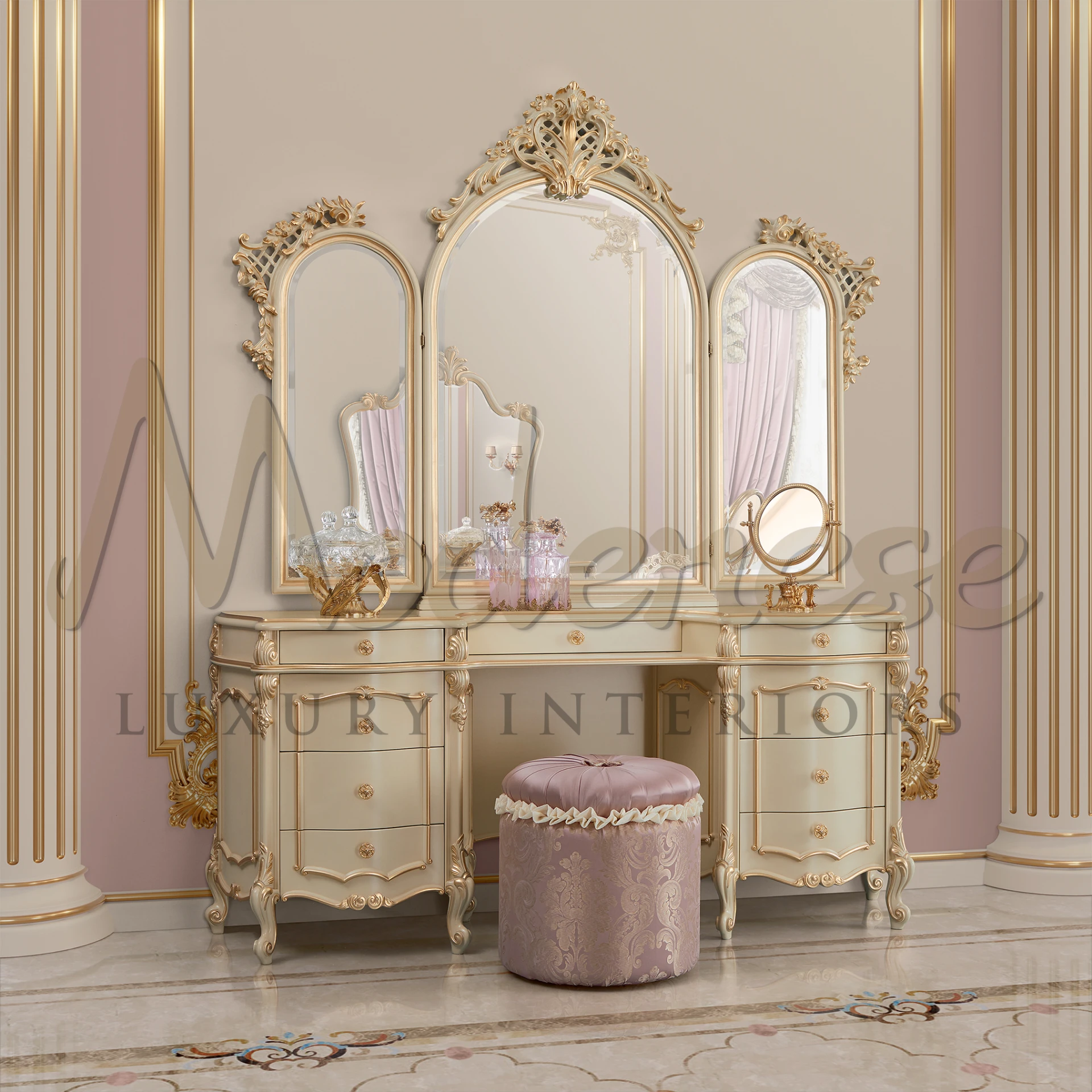 Elegant and large, this ornate gold mirror enhances home decor with its classic baroque style and craftsmanship.