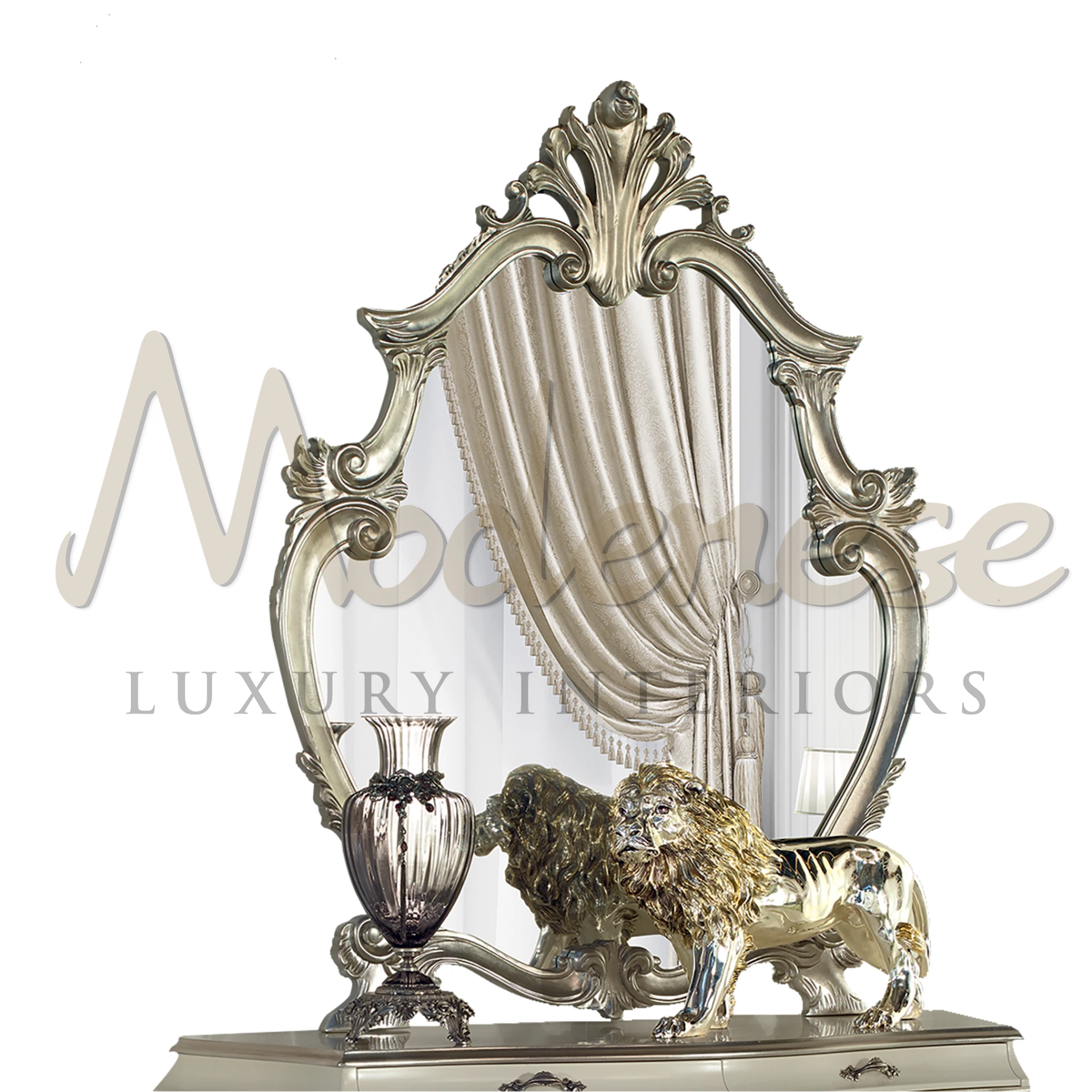 Silver Leaf Figured Mirror, with a unique shape and shimmering finish, for a luxurious and classic interior touch.