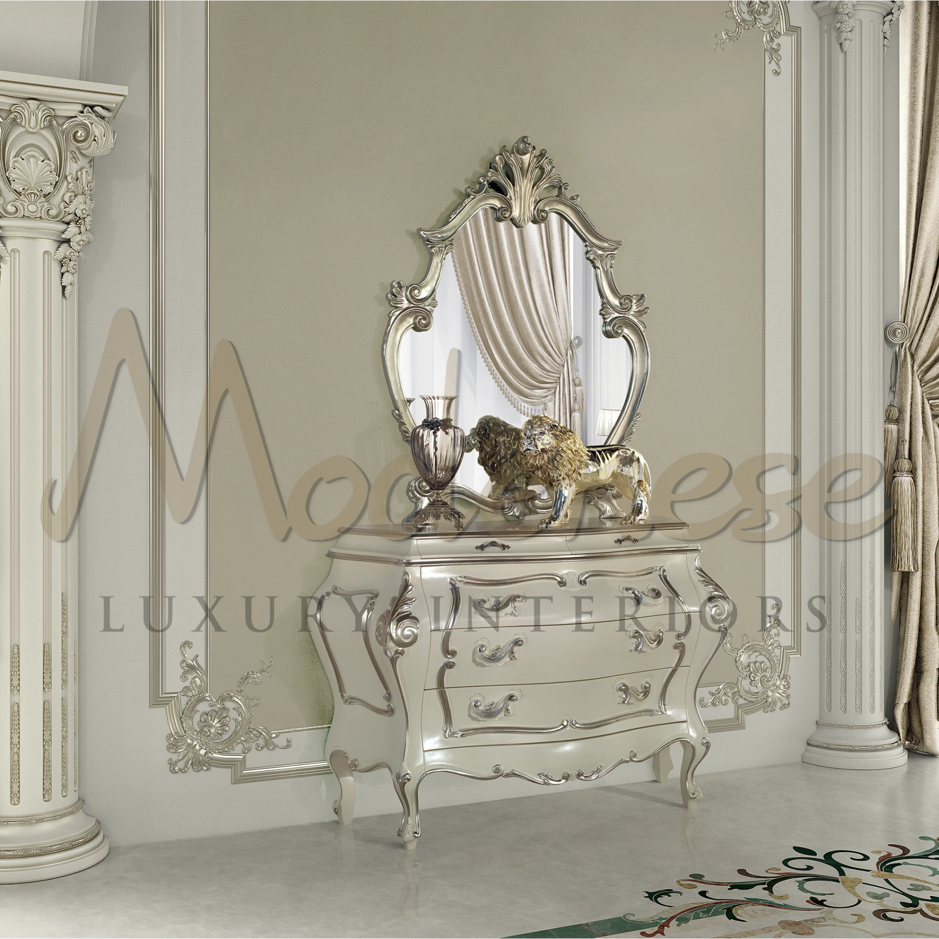 Elegant mirror with silver leaf finish, showcasing intricate figures for a distinct and stylish home decor.