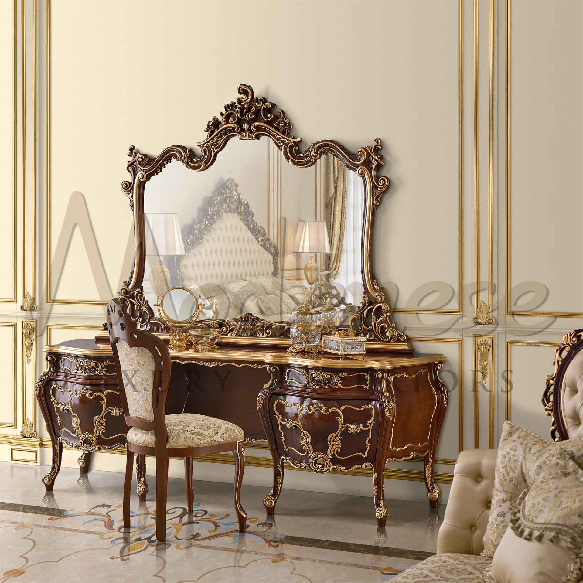 Handcrafted mirror with a wooden frame, embodying the timeless Empire style for sophisticated home settings.