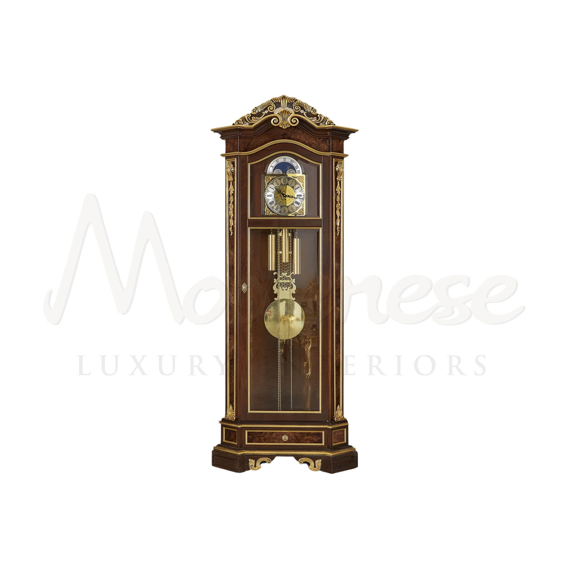 Elegant Hand-Carved Painted Grandfather Clock with bonnet pediment, a luxurious centerpiece for traditional decor.