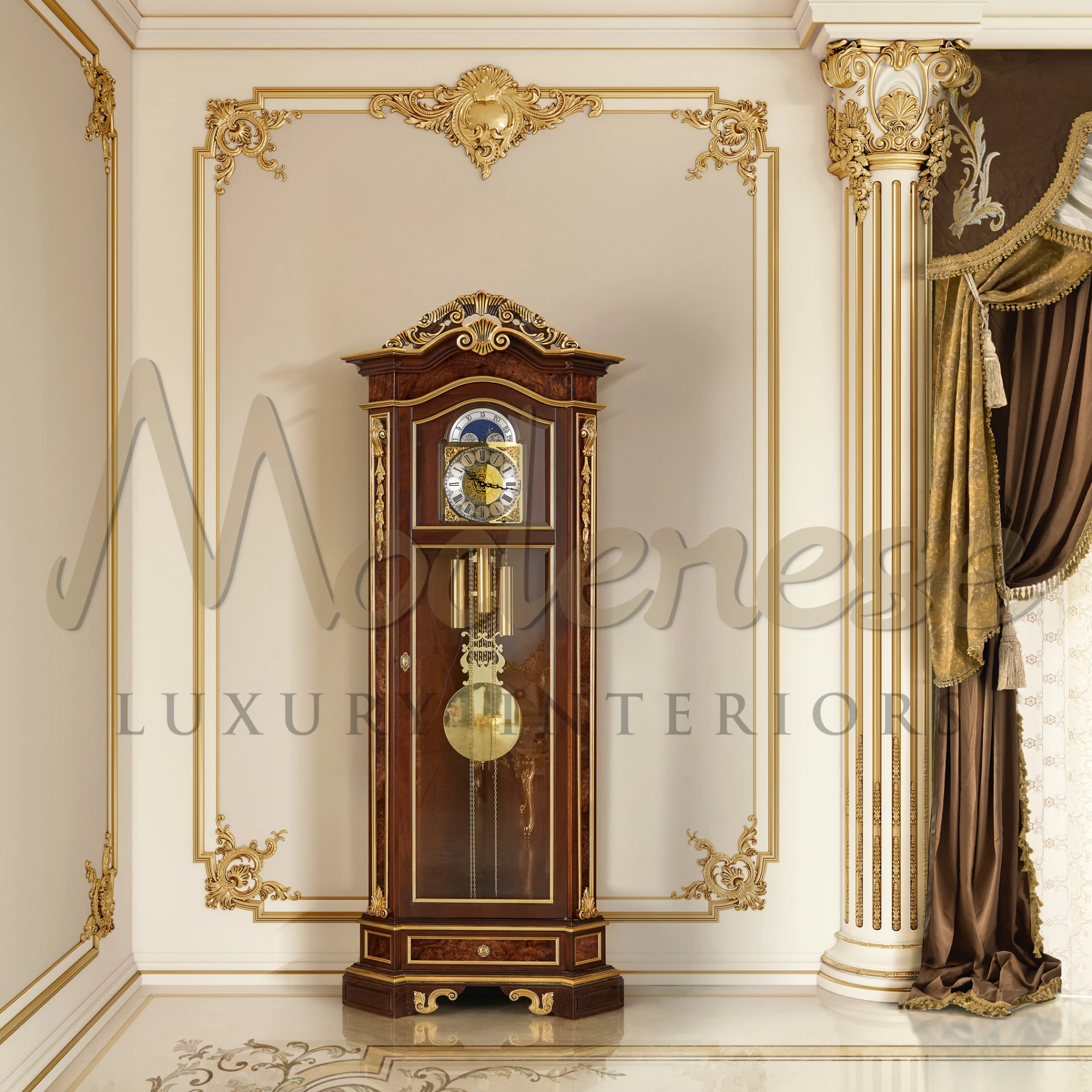 Grandfather clock featuring a decorative overlay crown, blending classic design with luxury home decor.