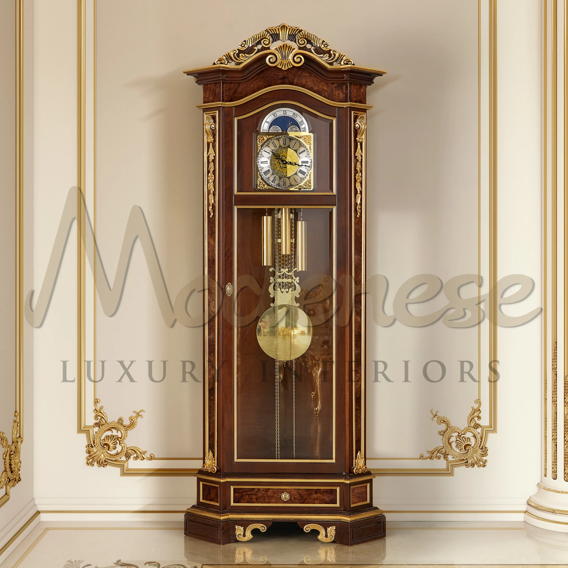 Timeless elegance in this hand-carved, painted grandfather clock, ideal for adding grandeur to interior spaces.