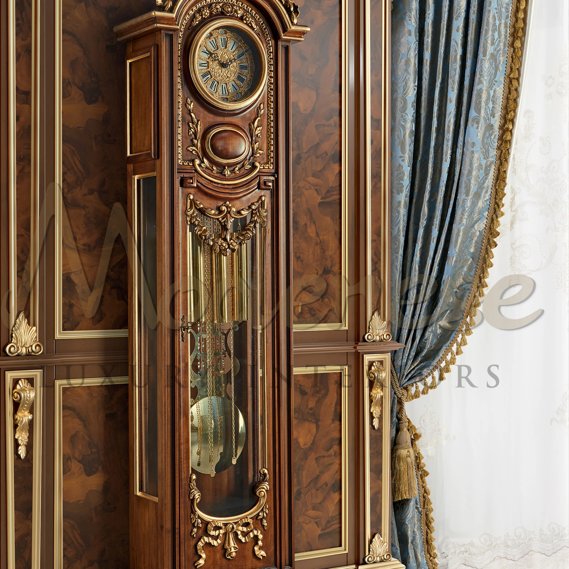 Luxury Grandfather Clock in solid wood with gold leaf details, custom-made for sophisticated interiors.