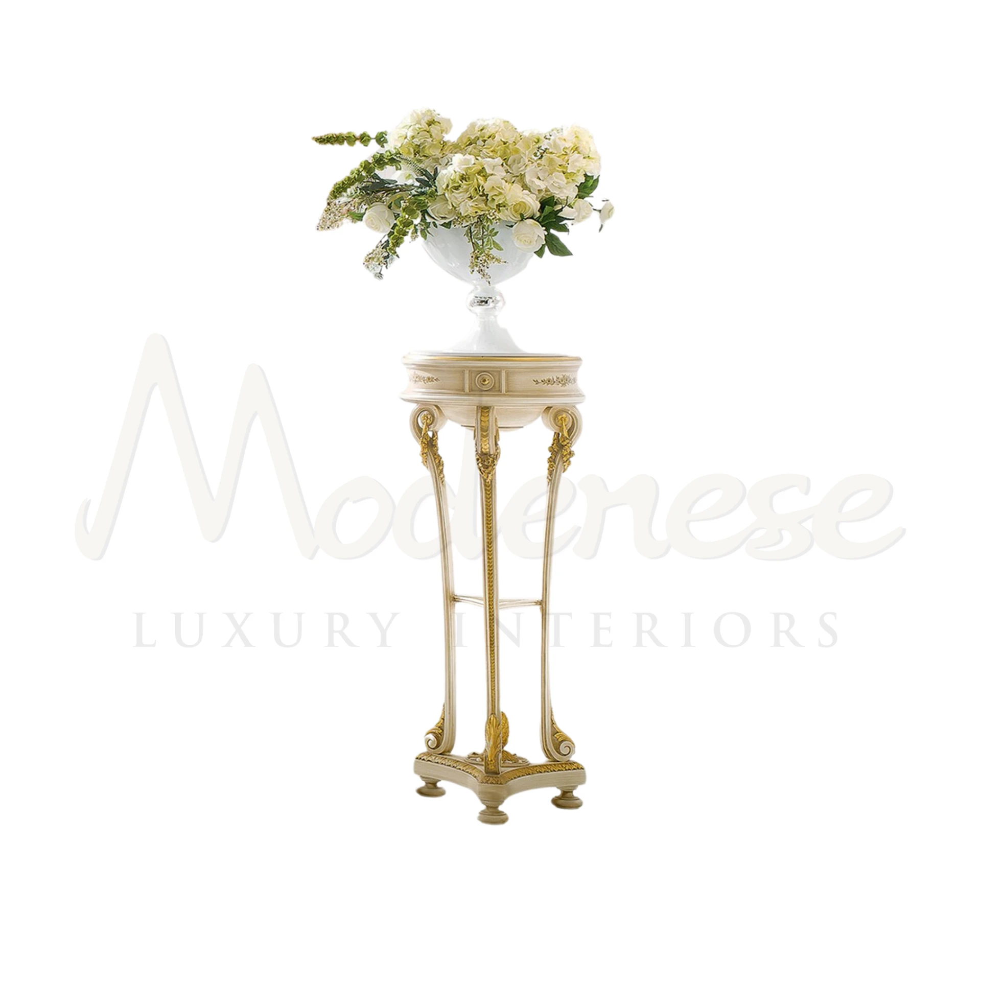 Elegant Ivory Vase Stand by Modenese, showcasing Baroque art with leaf gilding for luxury interiors.