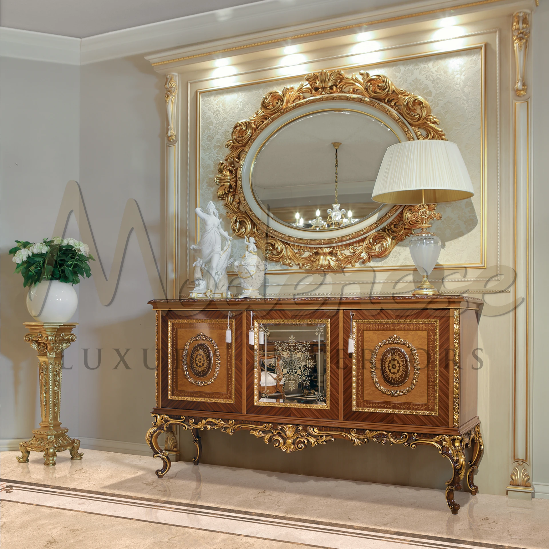 European style vase stand in baroque design, handcrafted with gold leaf, elevates luxury home decor.