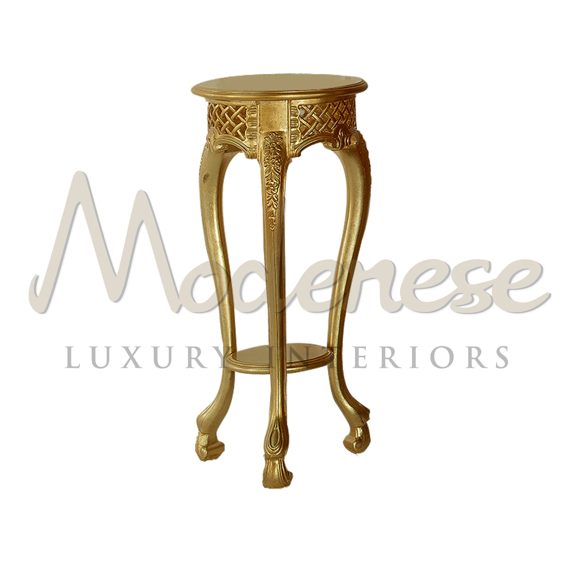 Decorative gold leaf vase stand in classic style, a luxurious addition to any interior design, made of solid wood.