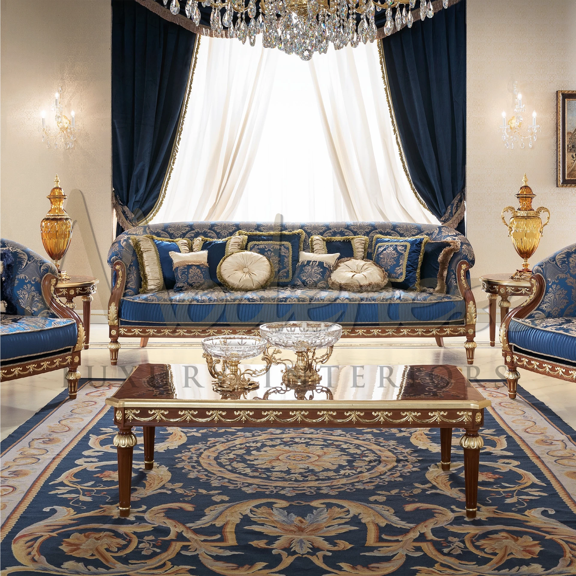 Luxurious Baroque Blue Cushion, a masterpiece of Italian textiles, with dramatic flourishes and detailed Baroque-style motifs.