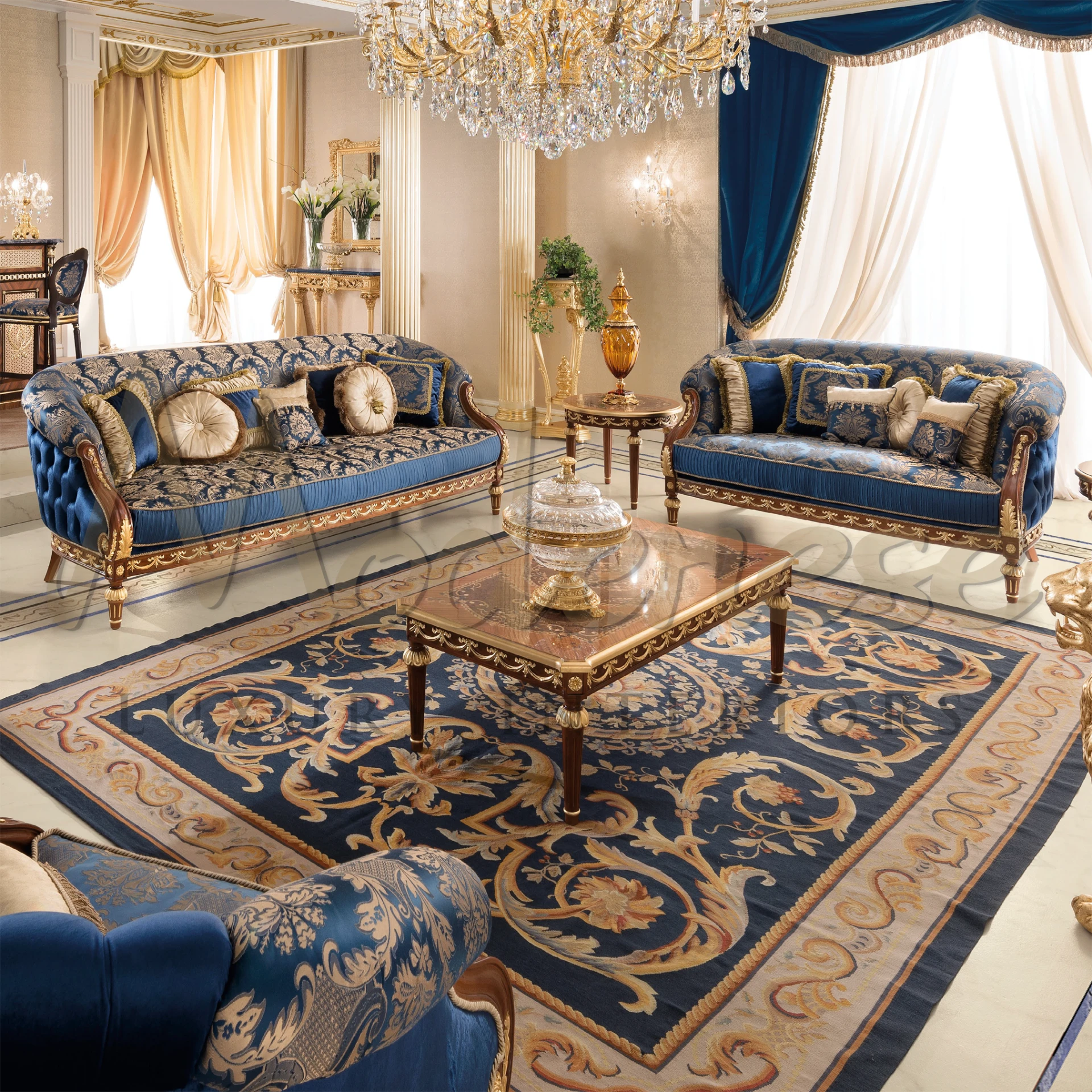 Ornate Baroque Blue Pillow, a symbol of luxury and elegance, with swirling scrolls and rich damask prints from Italy's finest textiles.