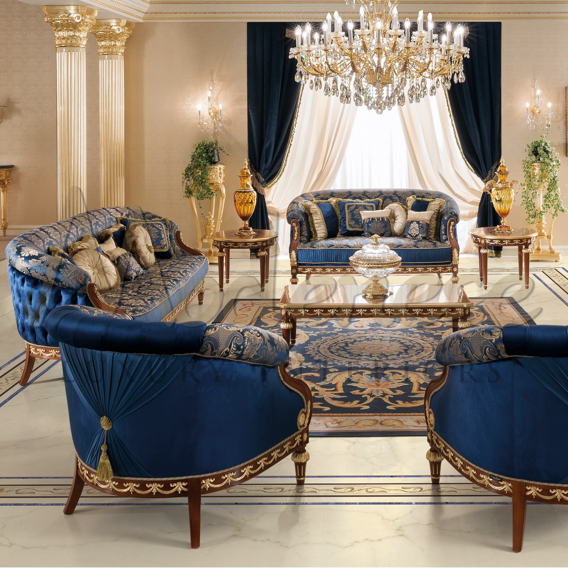 Opulent Royal Blue Cushion featuring embroidered accents and decorative motifs, a testament to Italian luxury and craftsmanship.